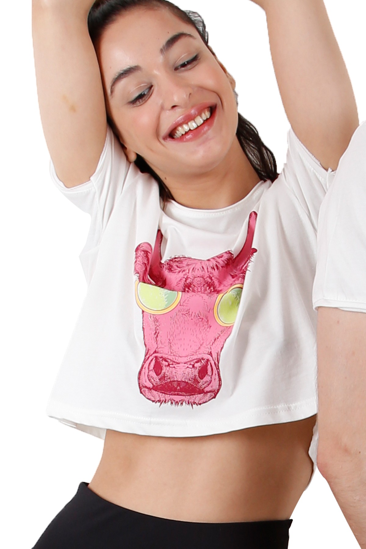 Boynuzlu Özel Tasarım Kısa Kadın T-shirt