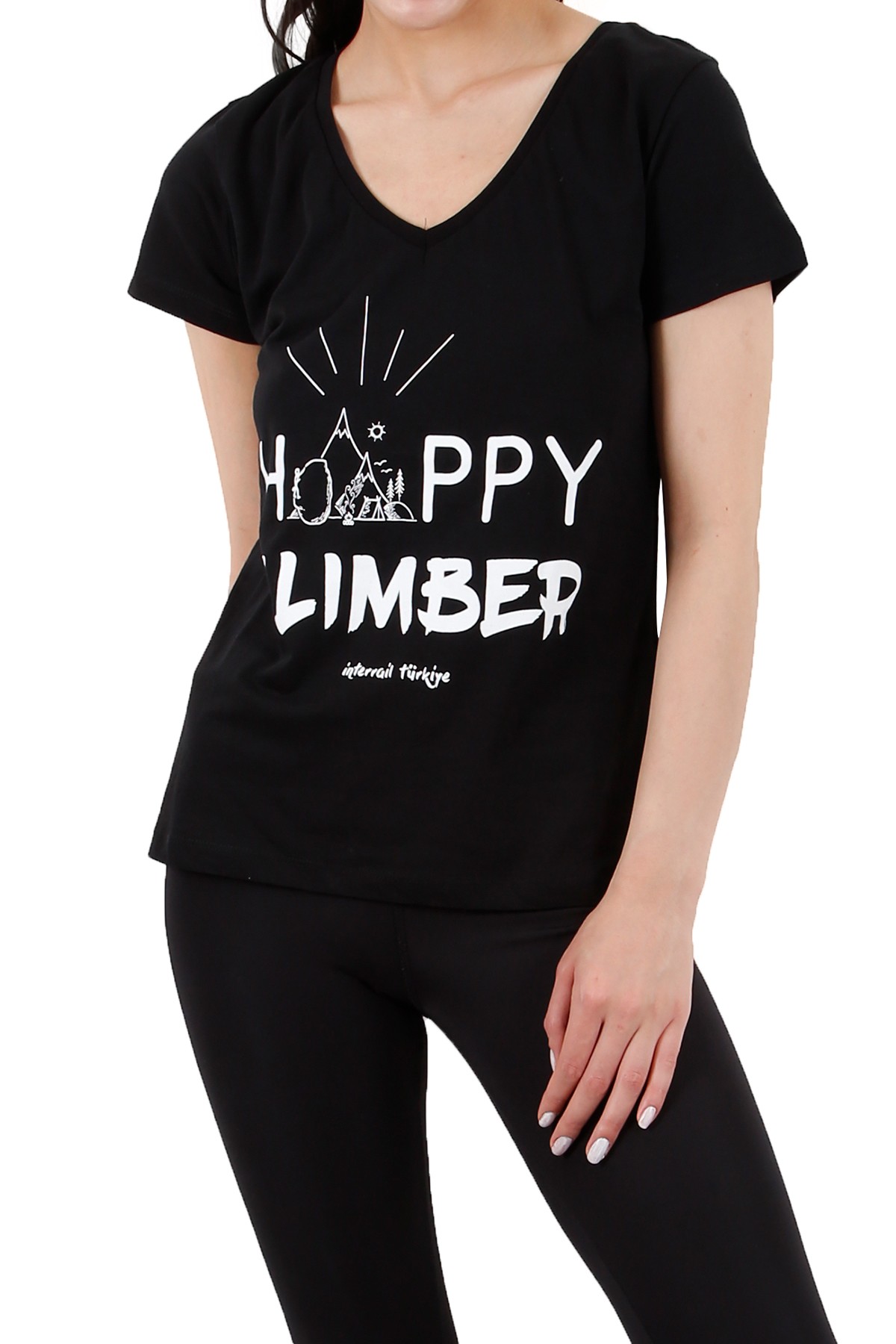 "Happy Climber" Özel Tasarım Kadın T-Shirt / Siyah