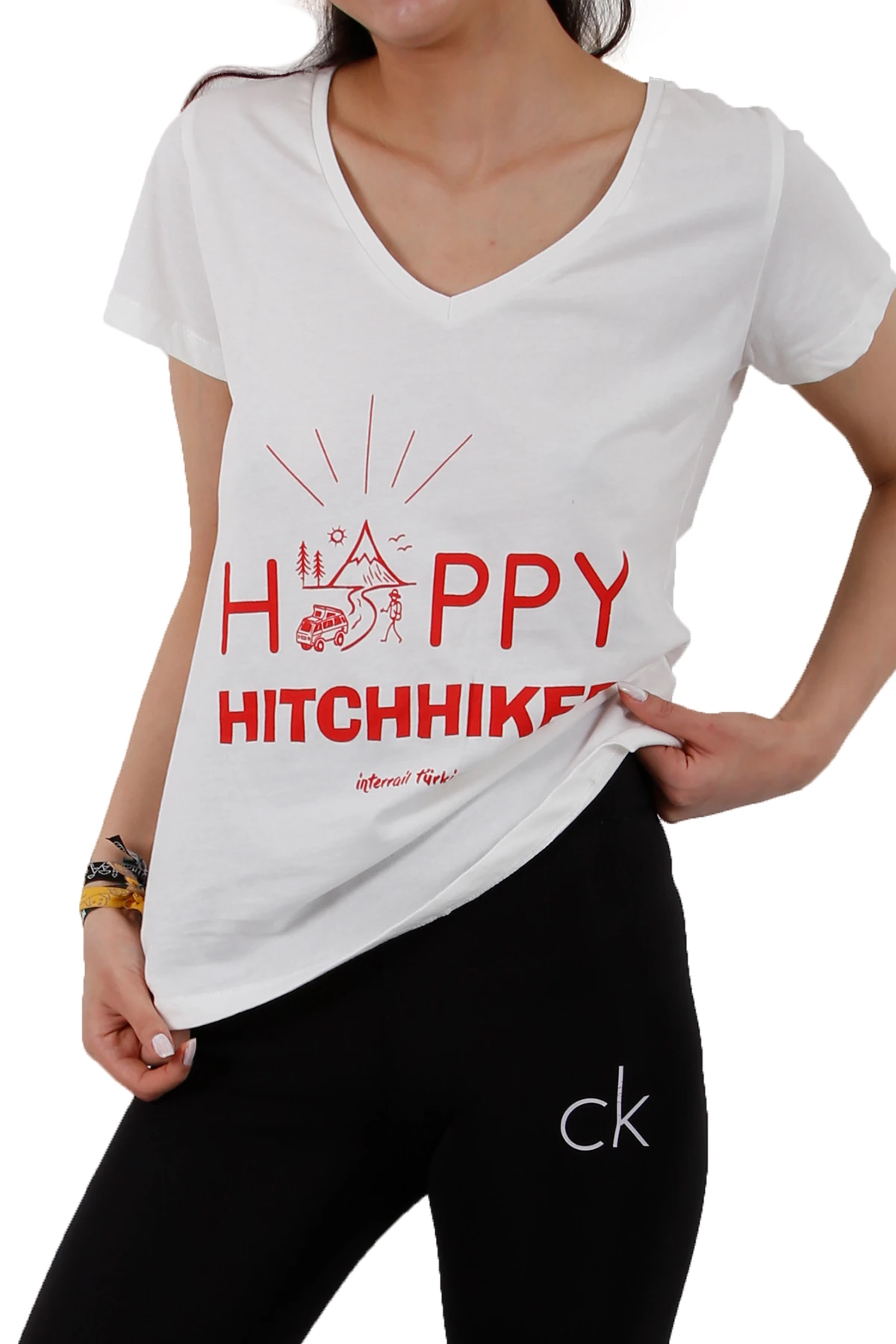 "Happy Hitchhiker" Özel Tasarım Kadın T-Shirt / Beyaz