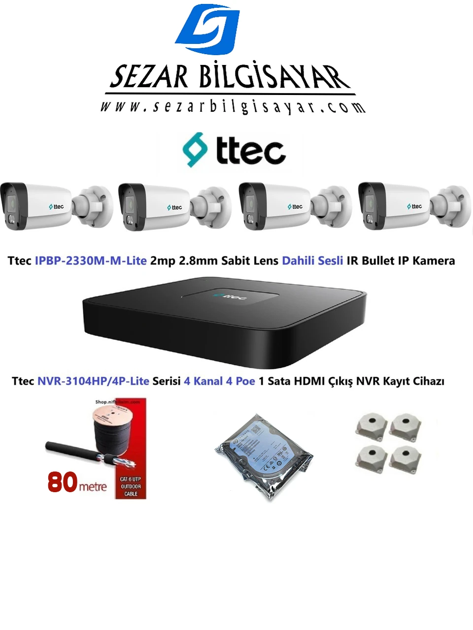 Ttec 2mp Mikrofonlu 4 Kameralı 500GB Disk Tak Çalıştır Hazır Ip Kamera Seti