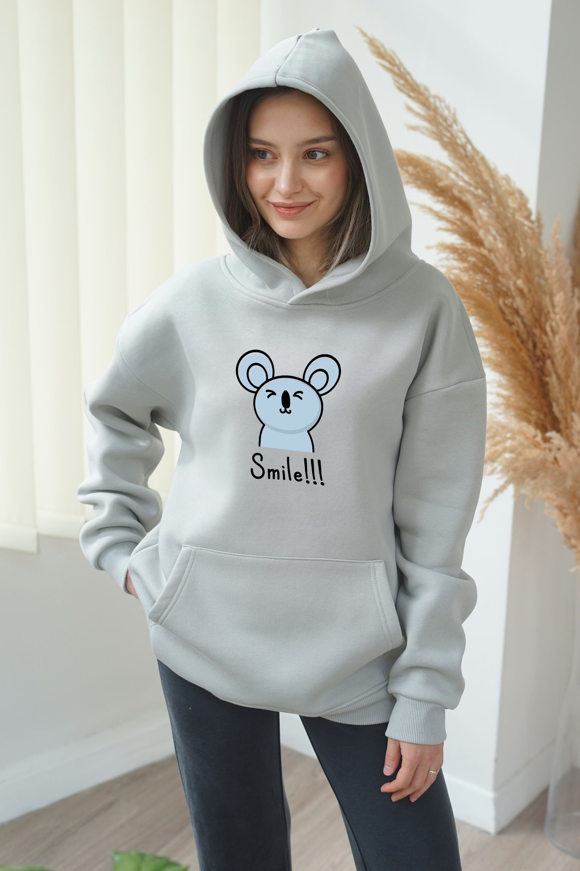 Unisex Smile Baskili hoodie - Gri