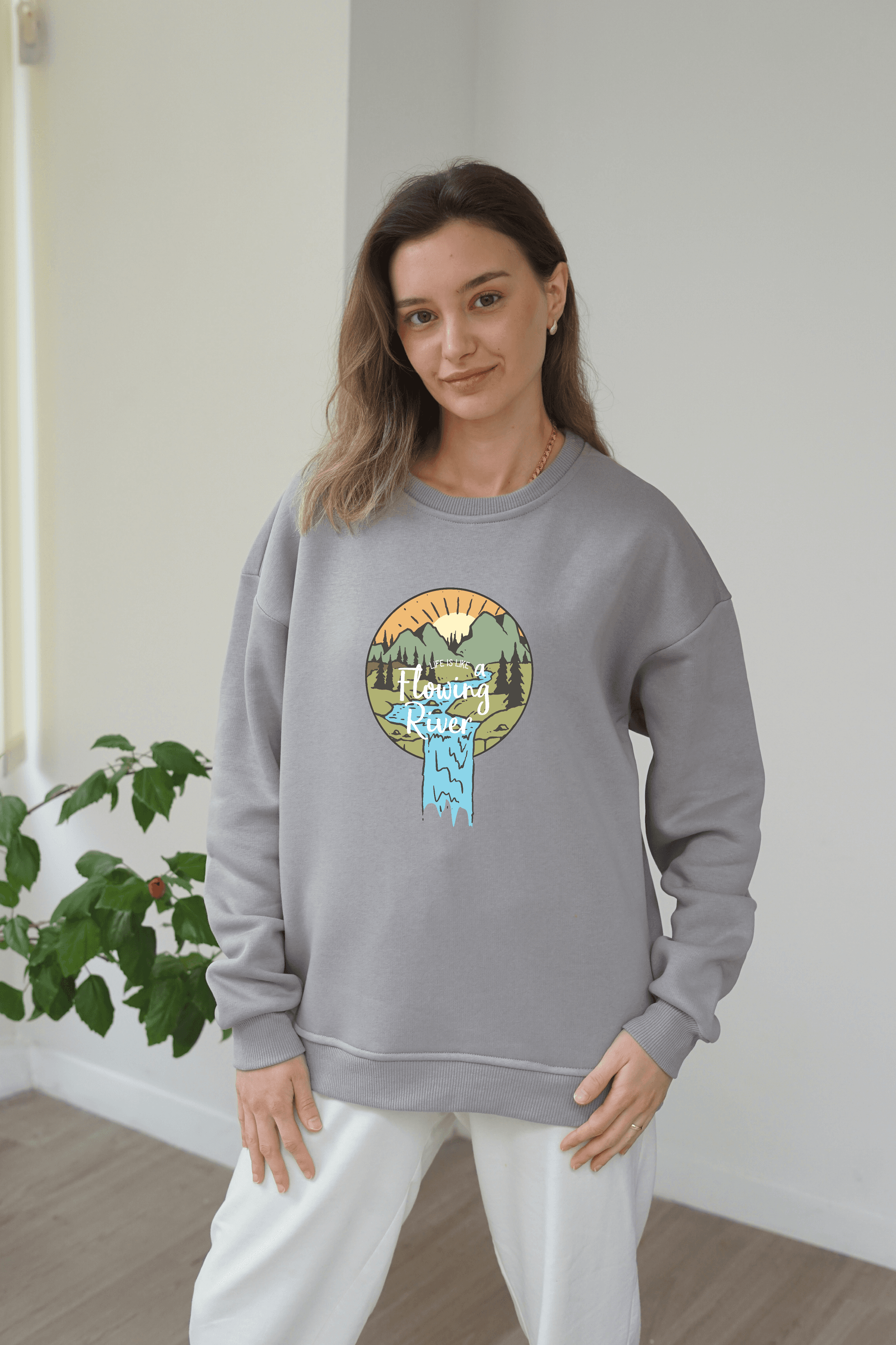 Unisex Flowing River Baskili Sweatshirt - Gri