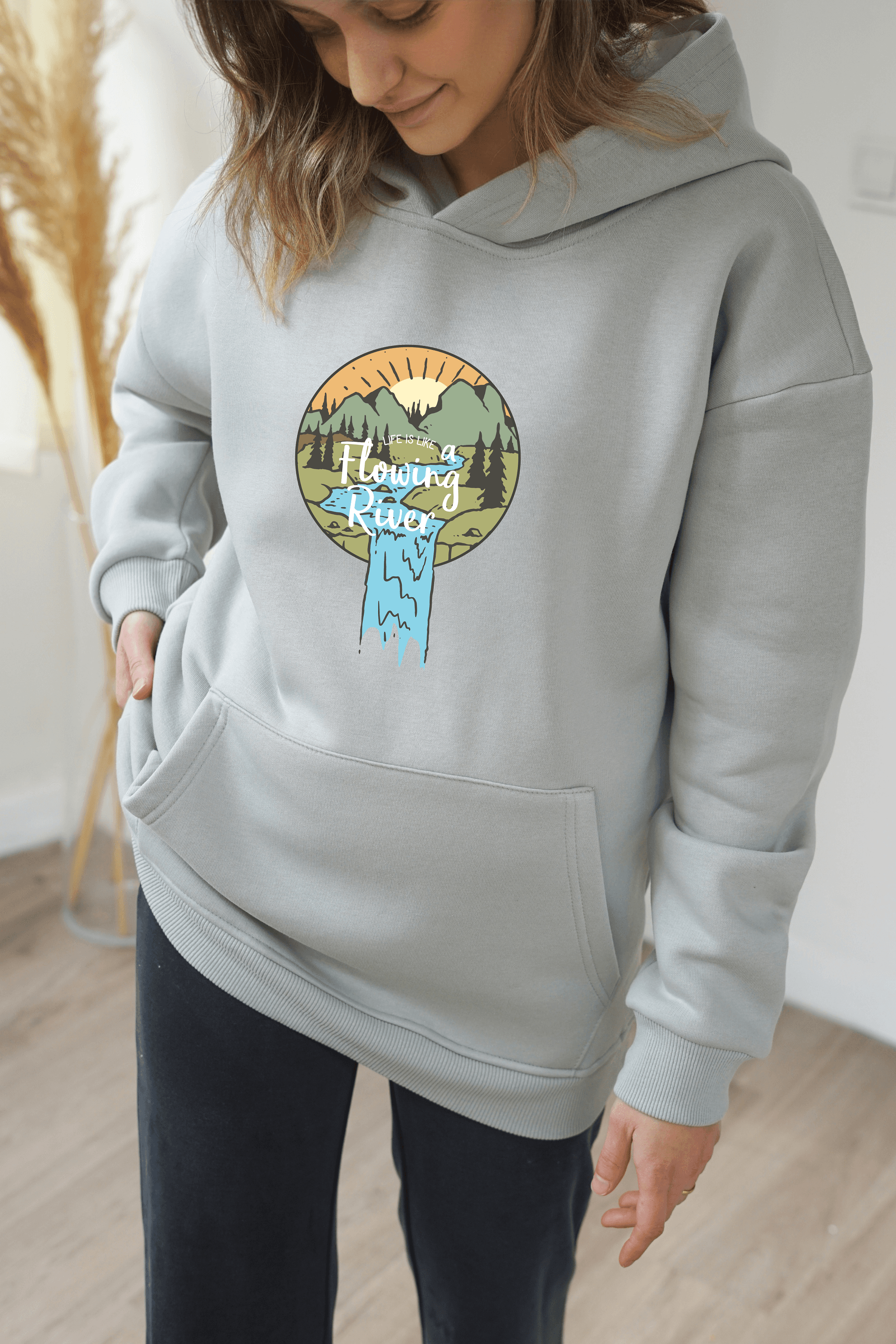 Unisex Flowing River Baskili hoodie - Gri