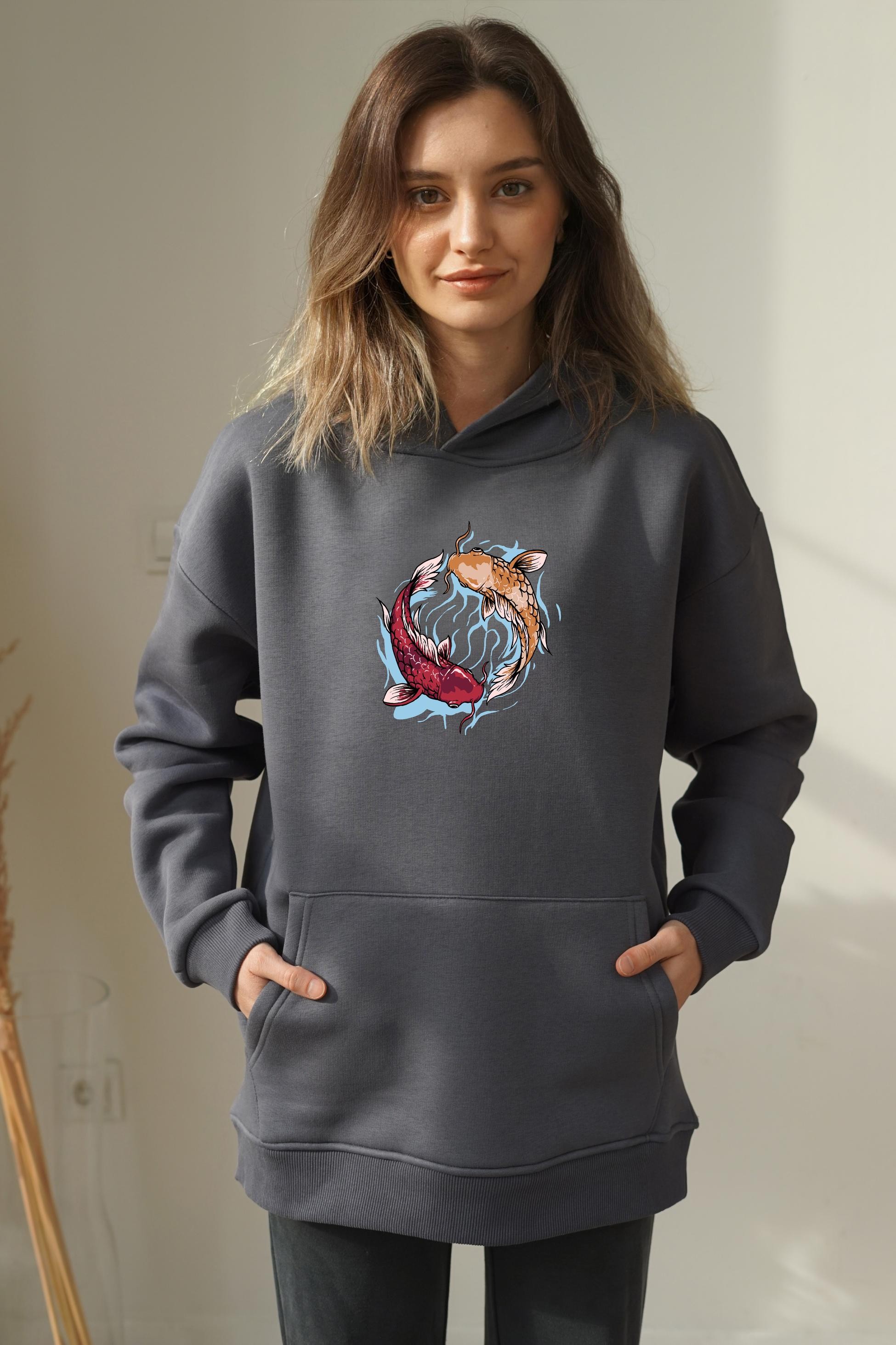 Unisex Ying Yang Fish Baskili hoodie - Füme