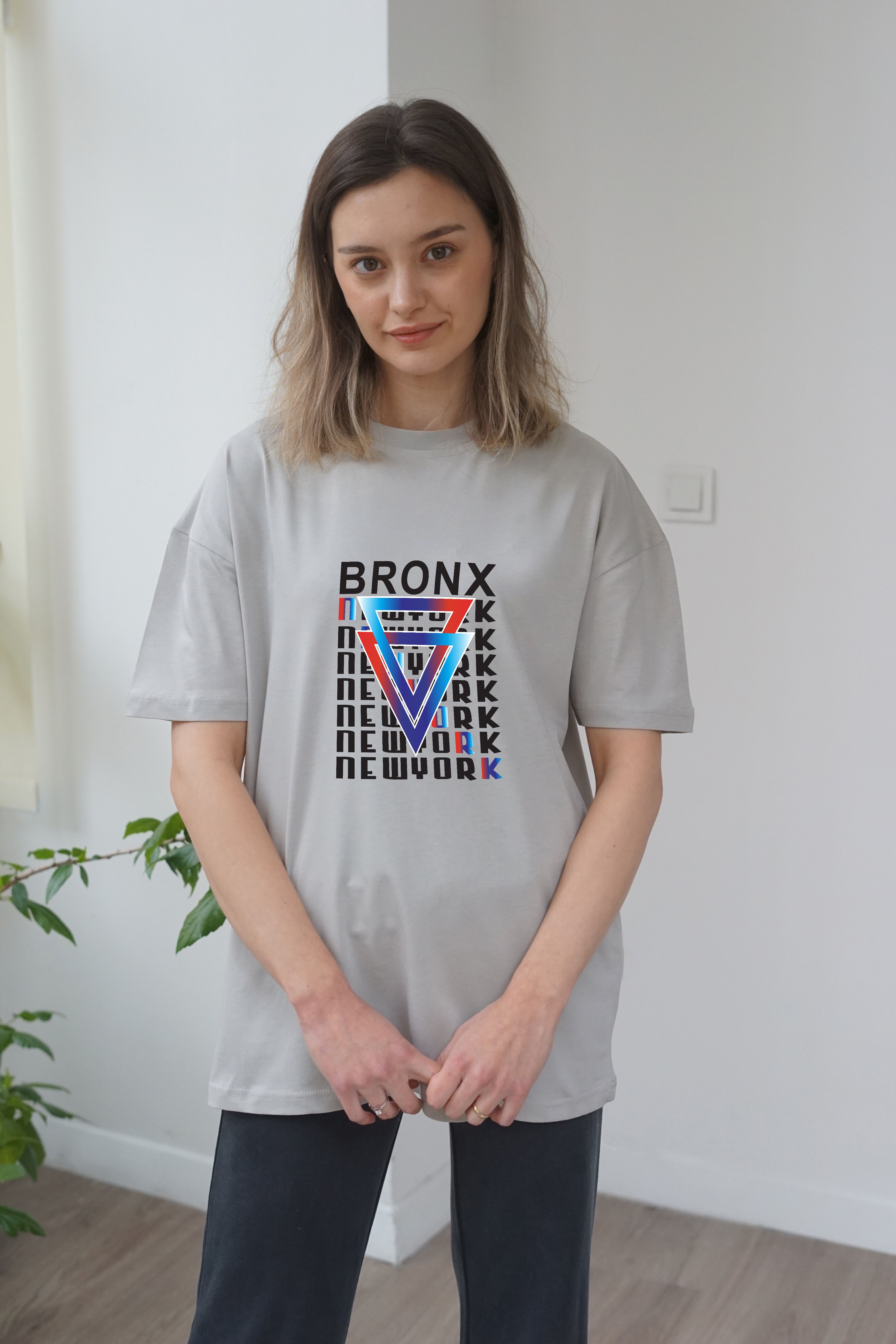 Unisex Bronx Newyork Baskili T-shirt - Gri