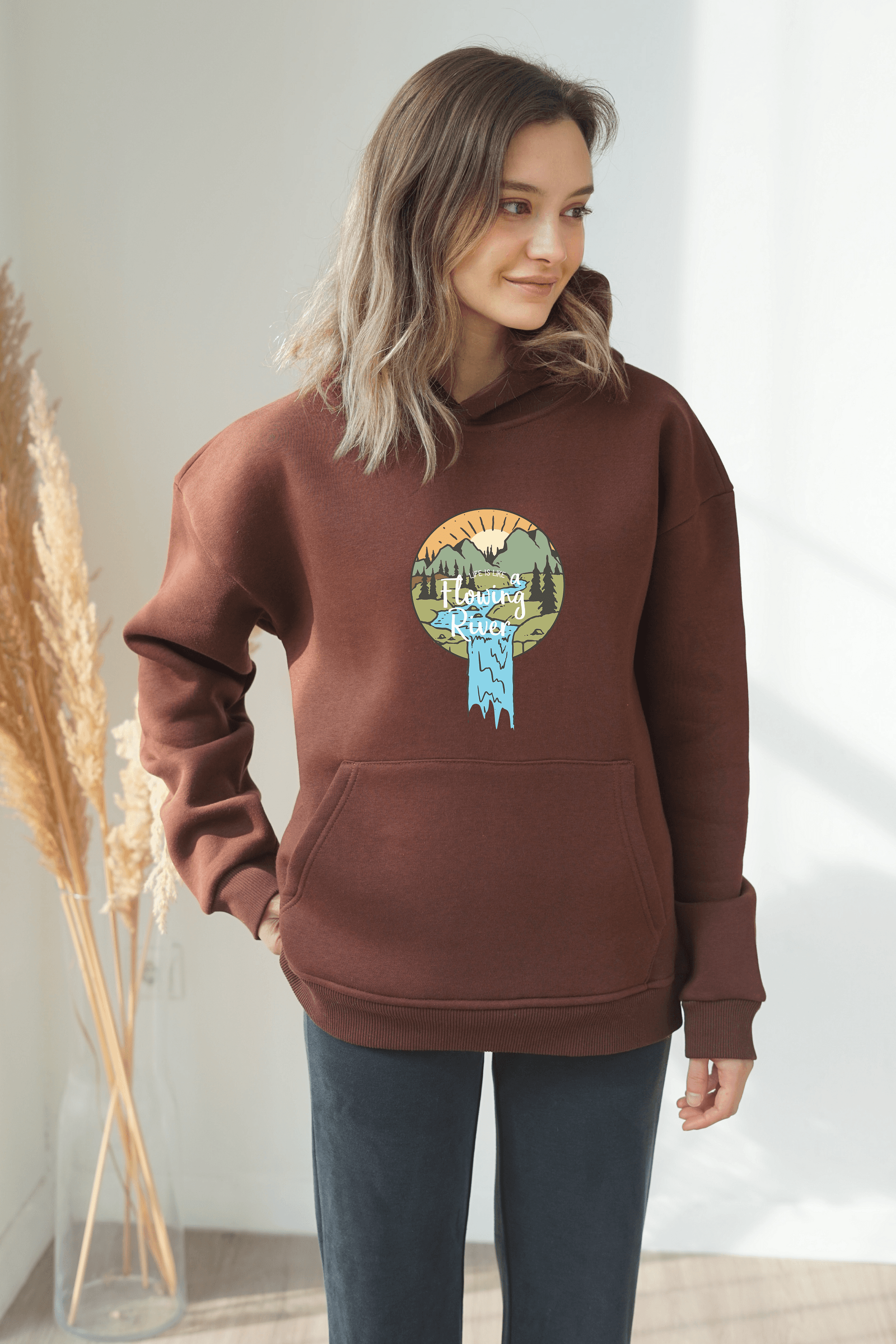 Unisex Flowing River Baskili hoodie - Kahve