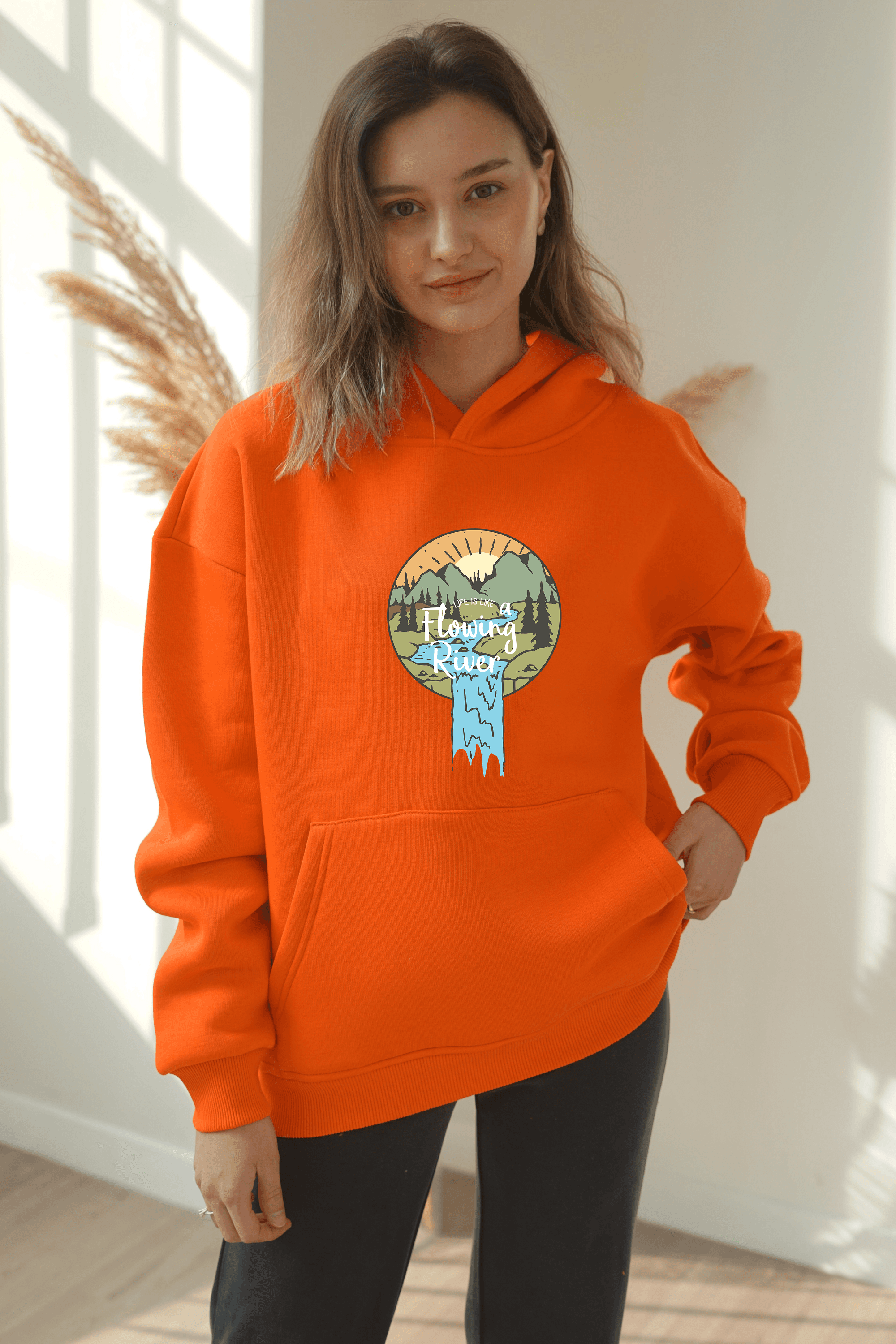 Unisex Flowing River Baskili hoodie - Turuncu