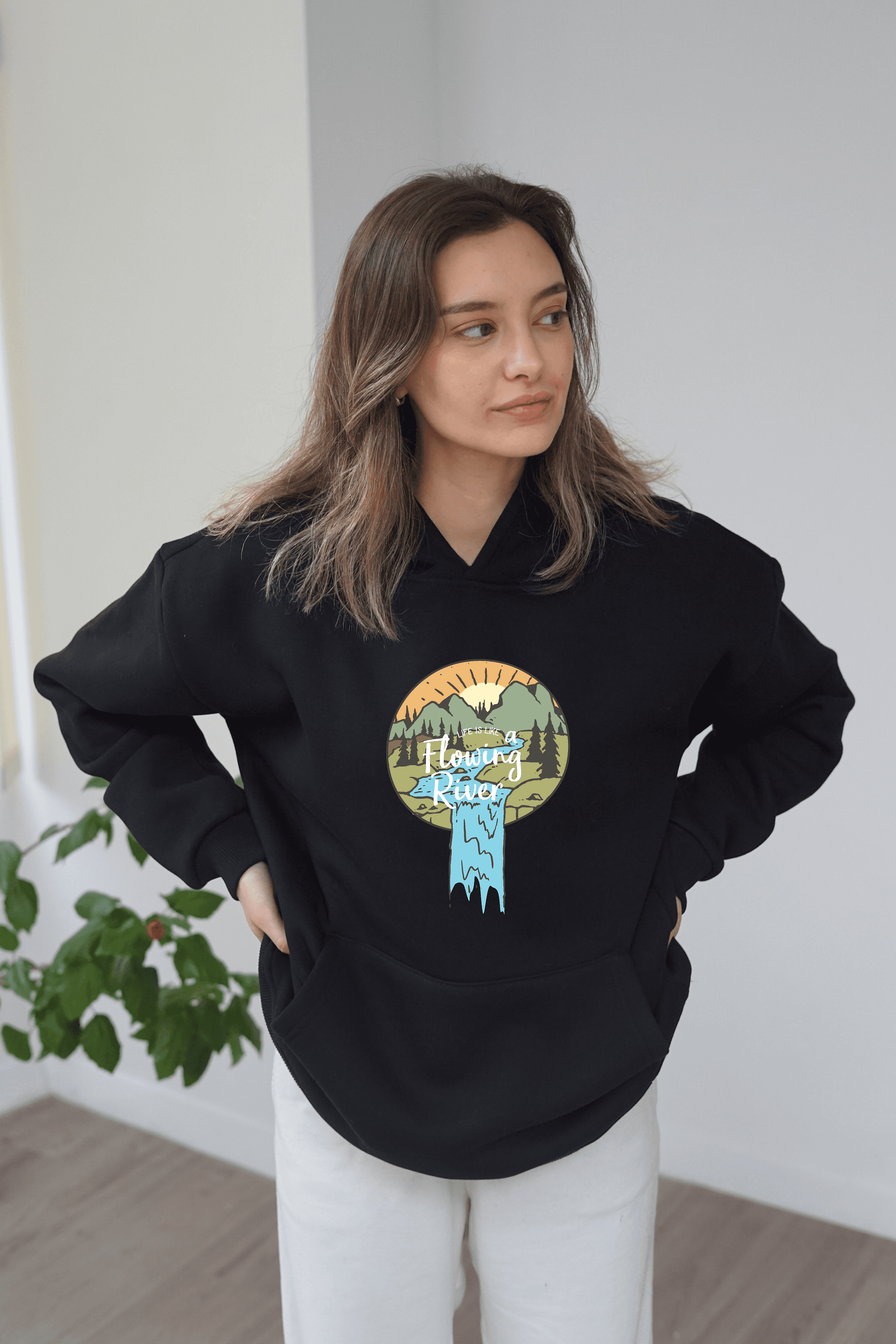 Unisex Flowing River Baskili hoodie - Siyah