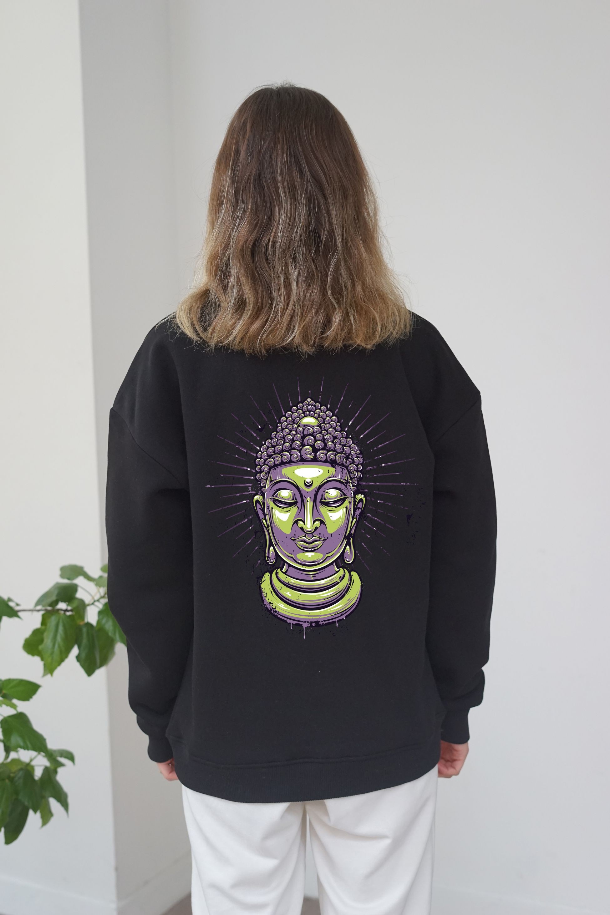 Unisex Buda Baskili Sweatshirt - Siyah