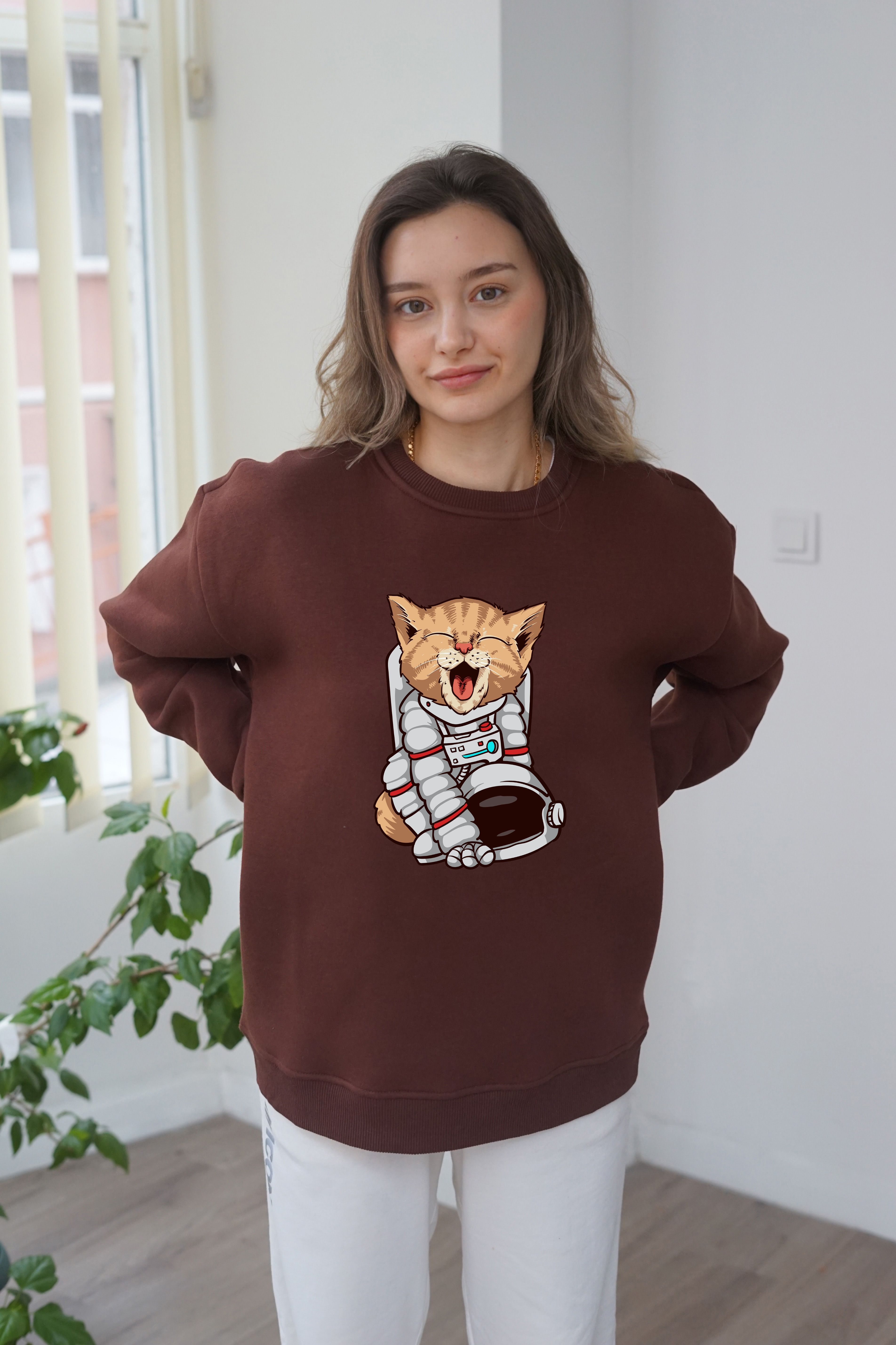 Unisex Astronaut Cat Baskili Sweatshirt - Kahve