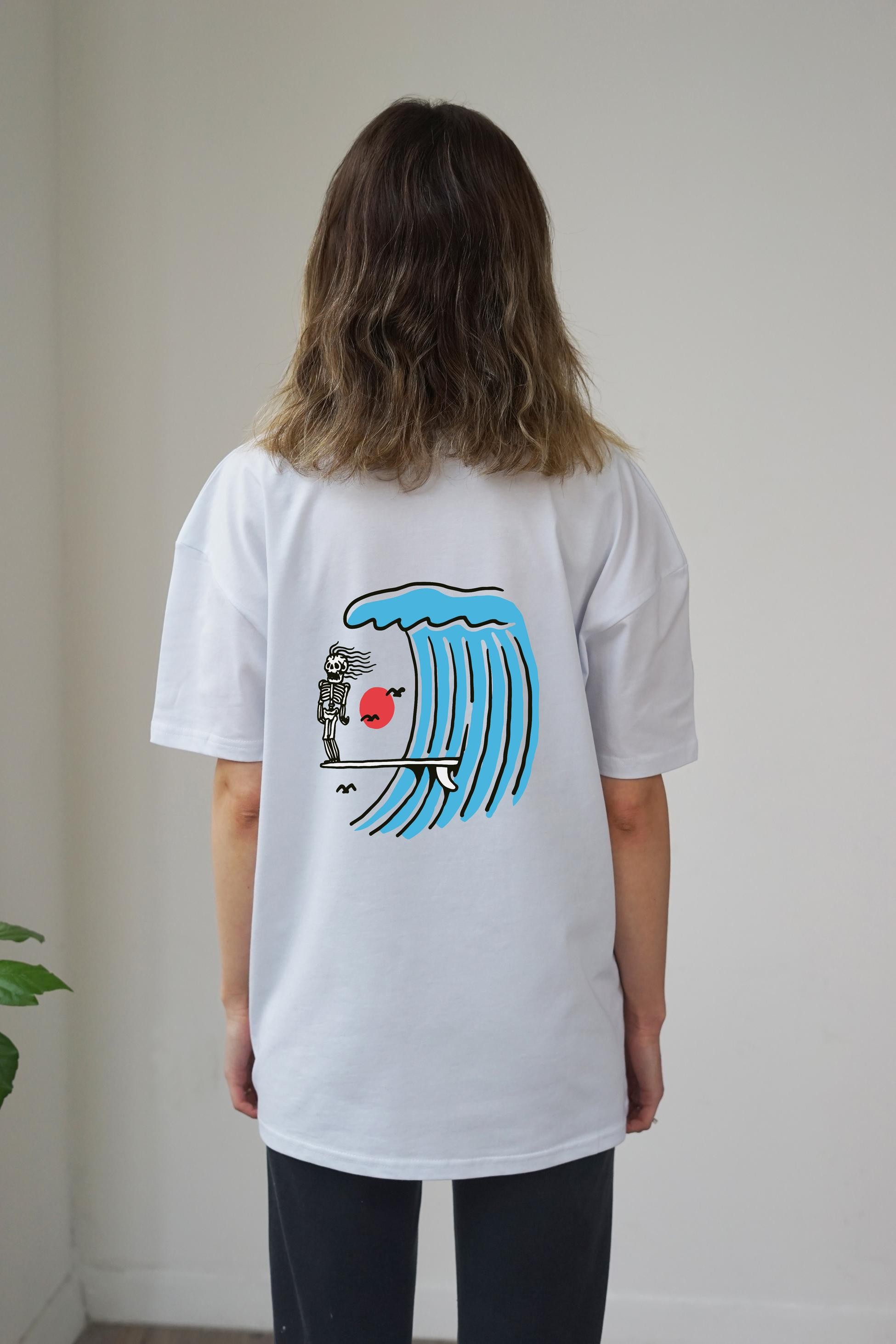 Unisex Skull Sea Baskili T-Shirt - Beyaz