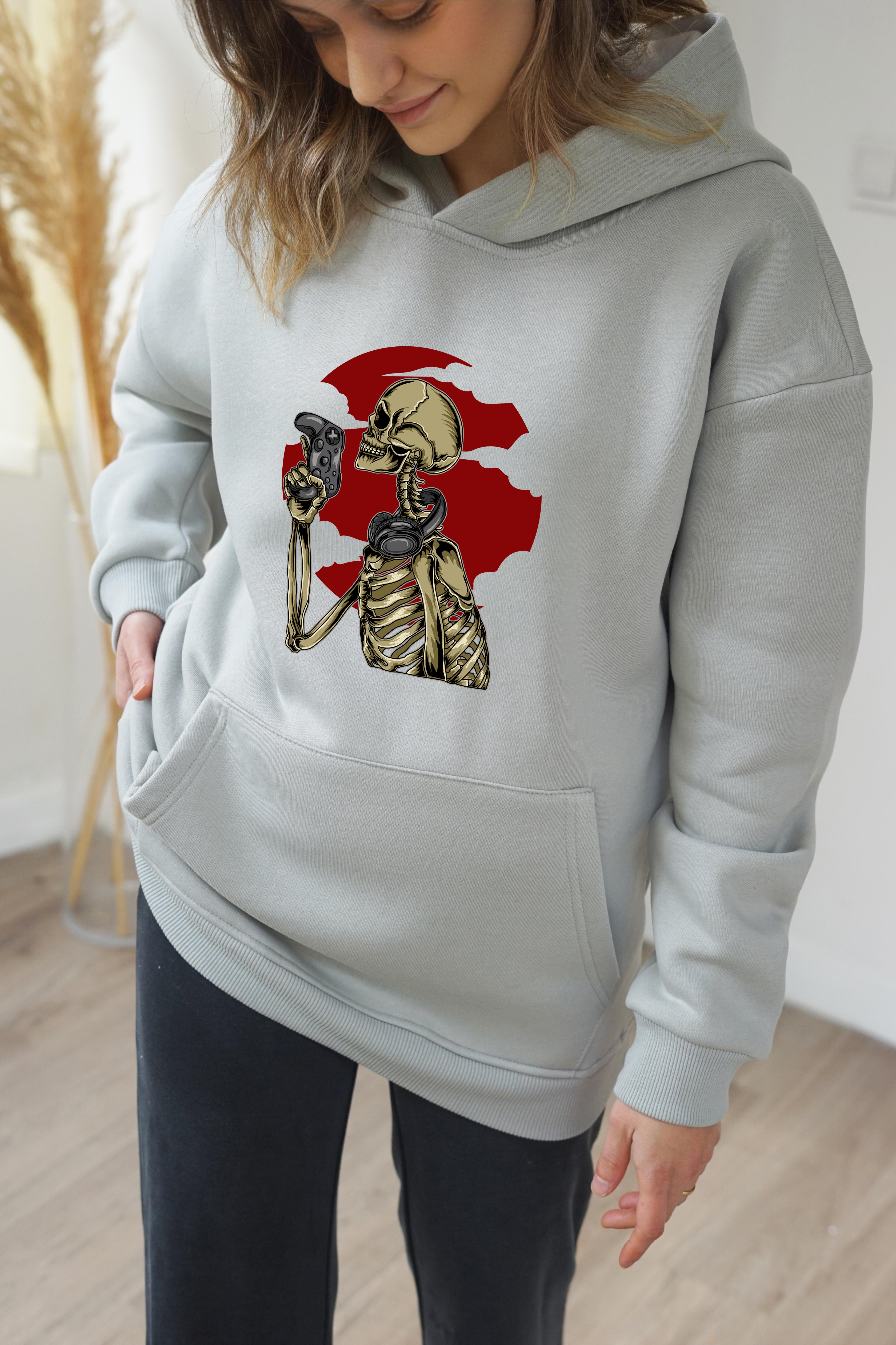 Unisex Gamer Baskili hoodie - Gri