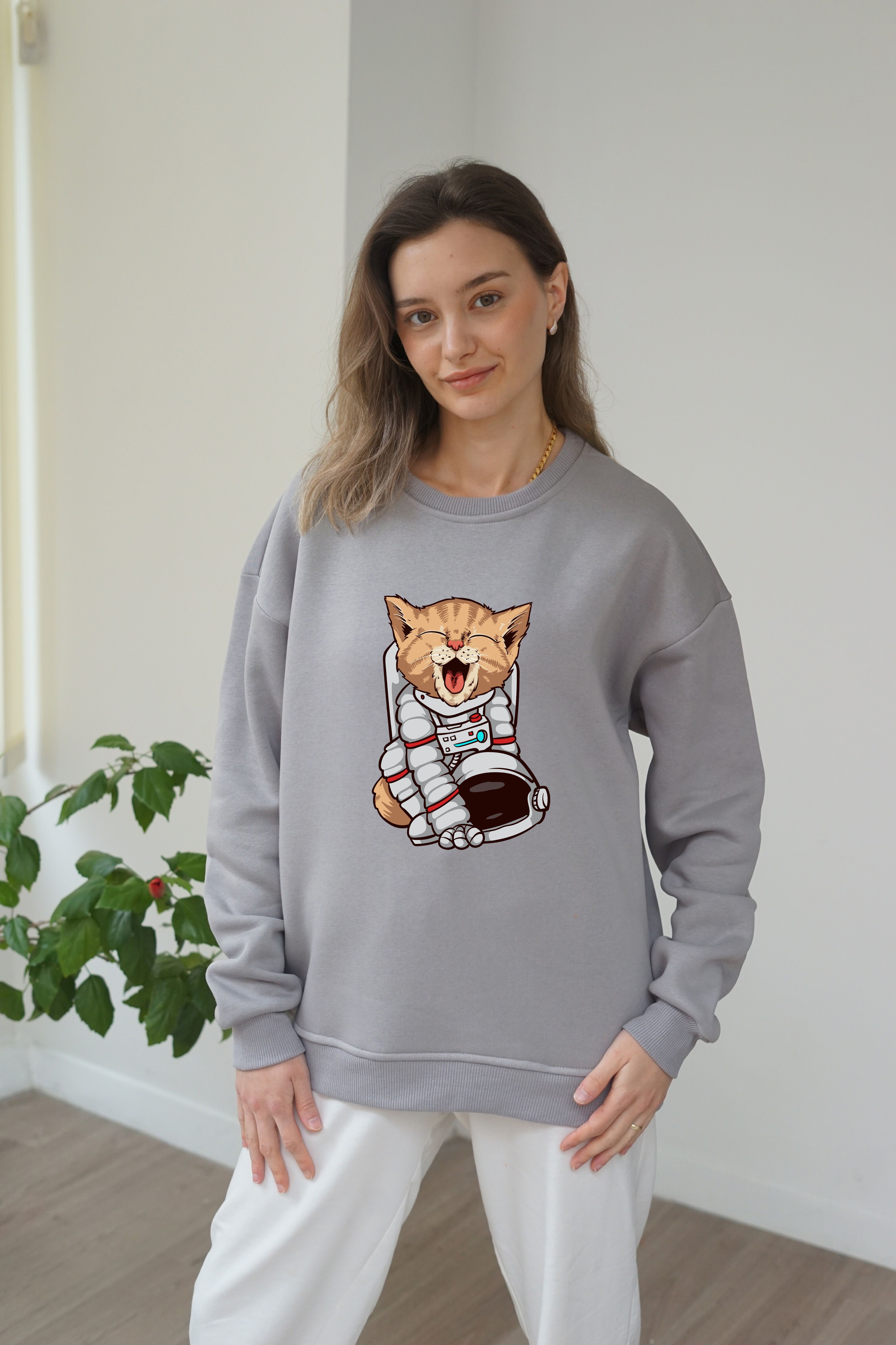 Unisex Astronaut Cat Baskili Sweatshirt - Gri