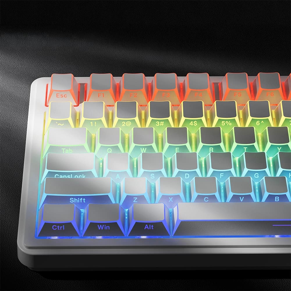 XVX Shadow Edge Shine-Through Side-Printed Keycaps close-up showing rainbow lighting effect