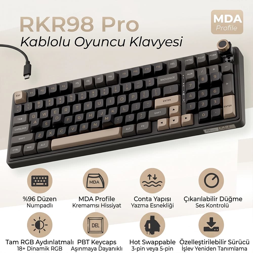 Royal Kludge R98 Pro USB-C Kablolu Bağlantı ve RGB Aydınlatma