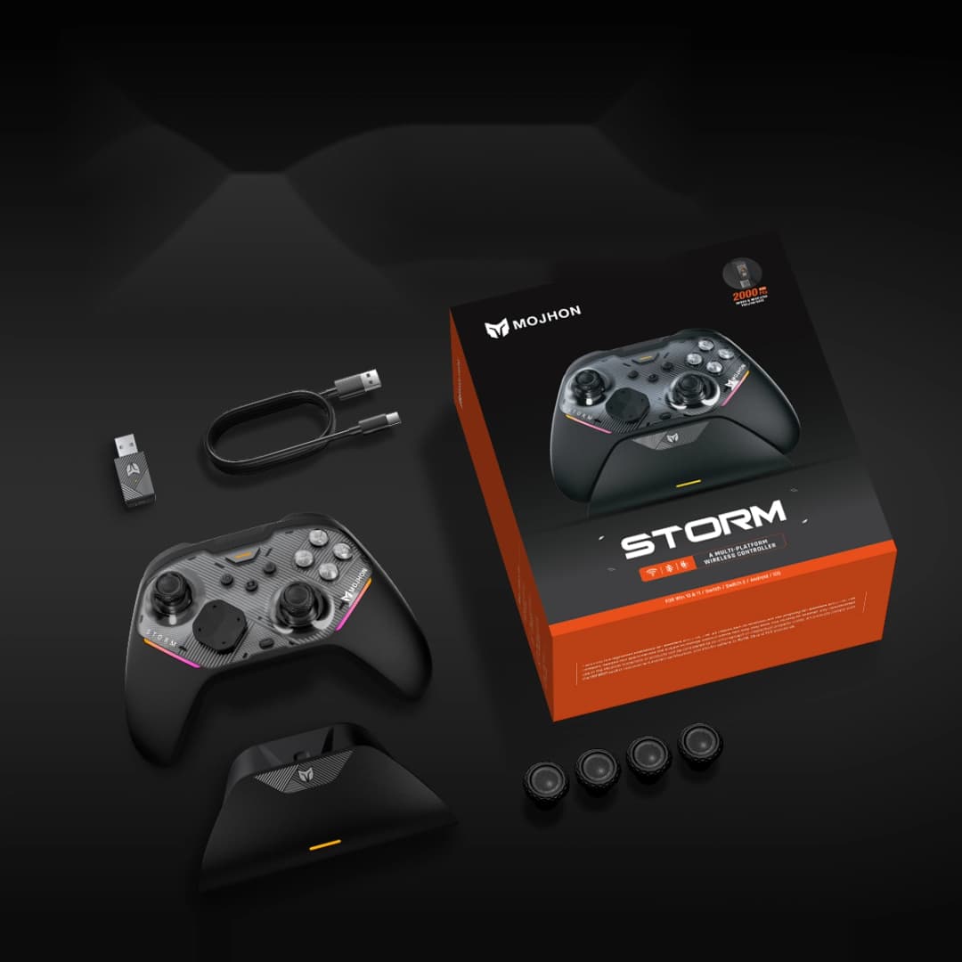 MOJHON Storm kutu içeriği: oyun kolu, kablosuz alıcı, USB-C kablo, 4 joystick başlığı ve şarj istasyonu