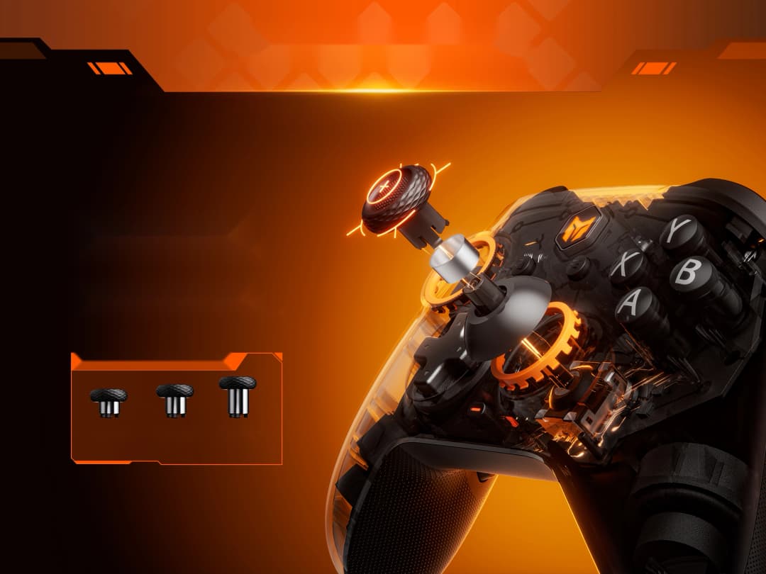 Gale Hall'un Hall Effect joystick mekanizması ve kısa, orta, uzun değiştirilebilir joystick başlıkları