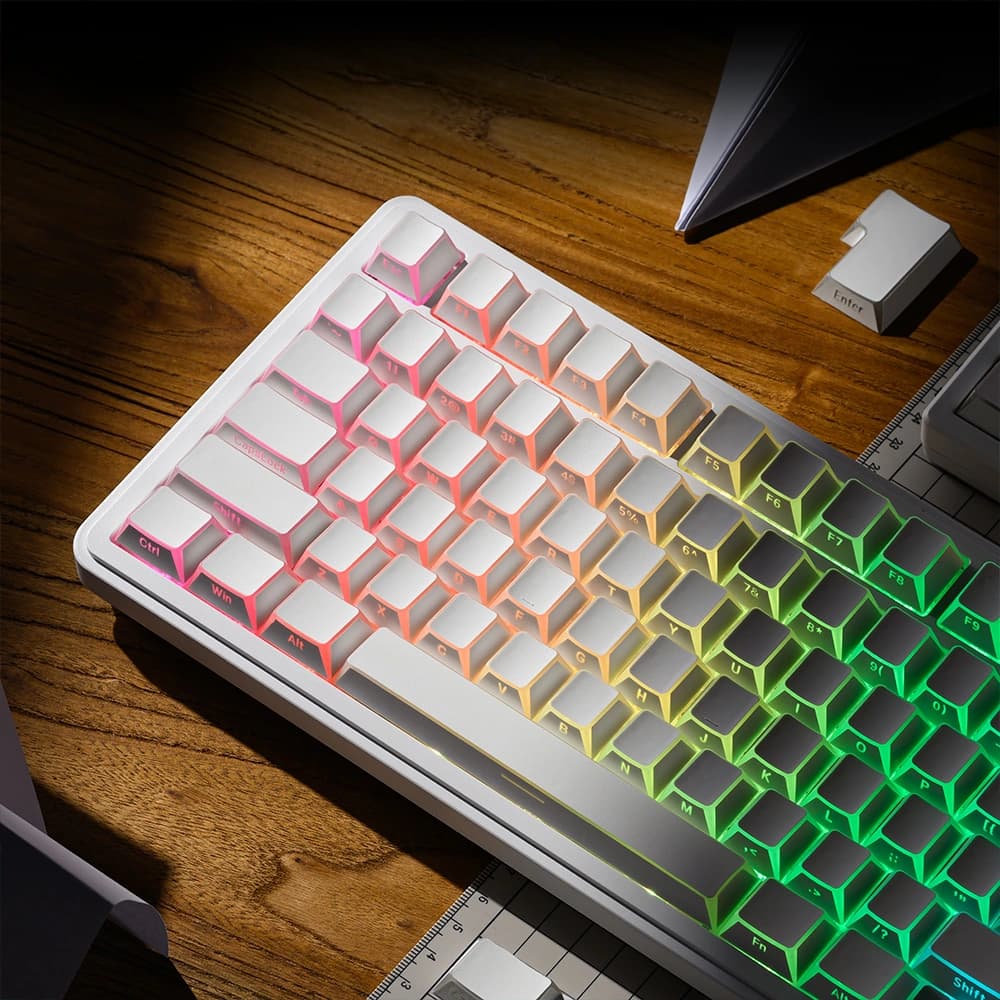 XVX Shadow Edge Keyboard Angled Desktop Setup with rainbow shine-through