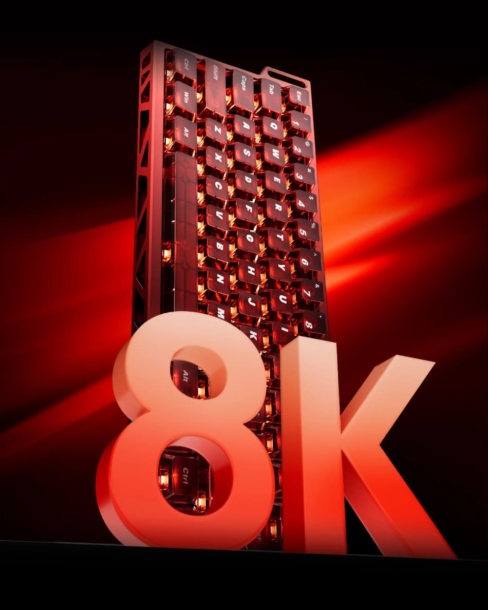 8K yazısının üstünde dik duran kırmızı MAD Light 60 HE, 8000 Hz raporlama
