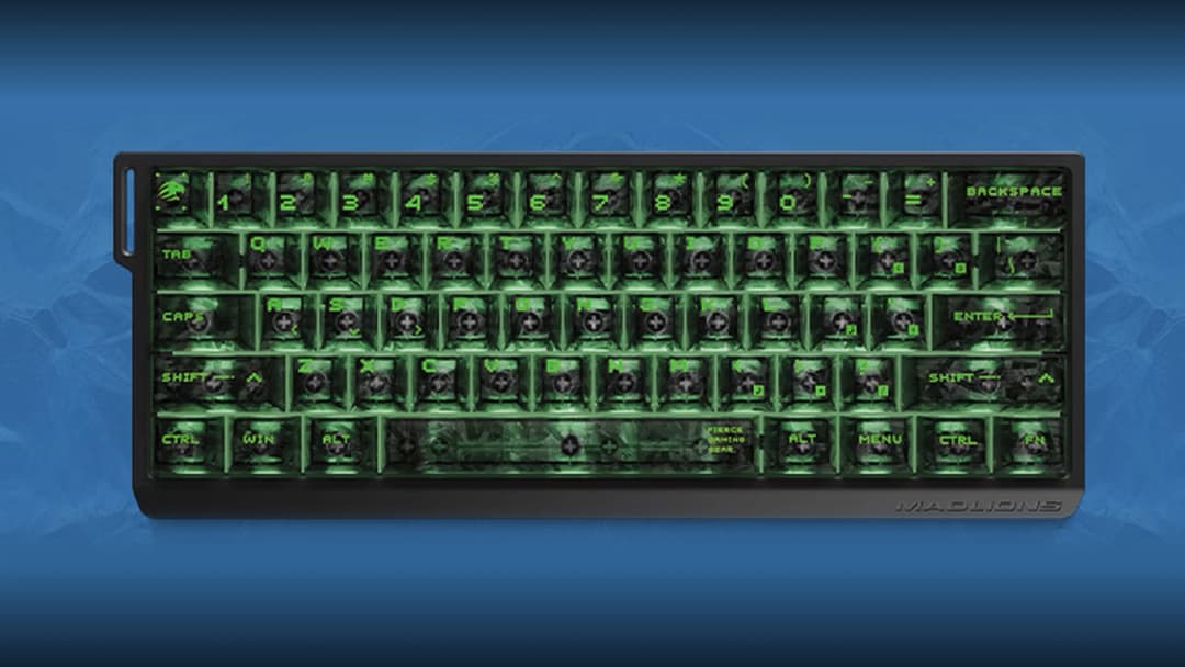 Dual Siyah MAD60 HE V2, tuşların altından yeşil ışık, mavi zemin