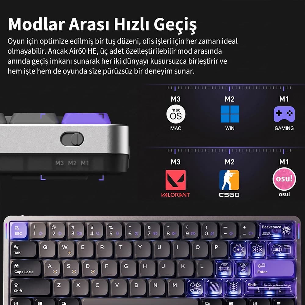 NuPhy Air60 HE Transparan Tuş Kapakları ve RGB Aydınlatma