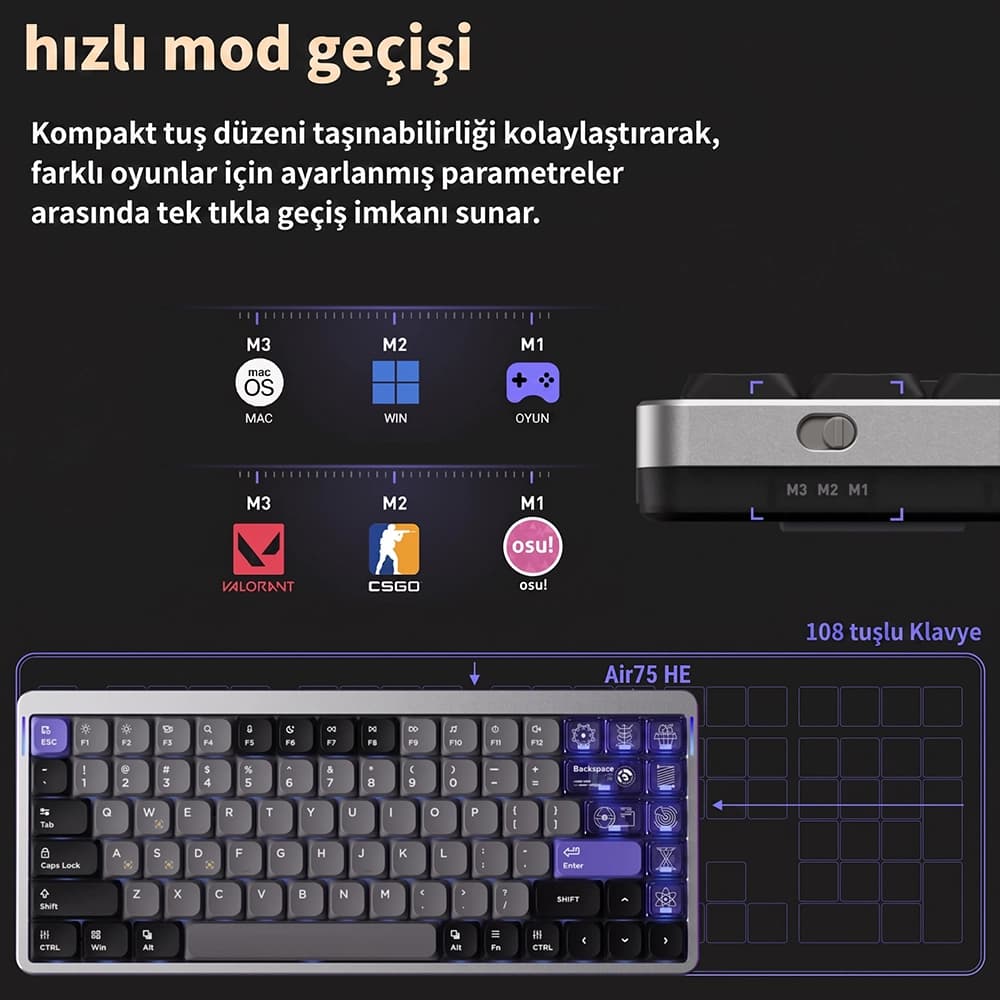 NuPhy Air75 HE PBT Keycaps ve Güneye Bakan RGB Aydınlatma
