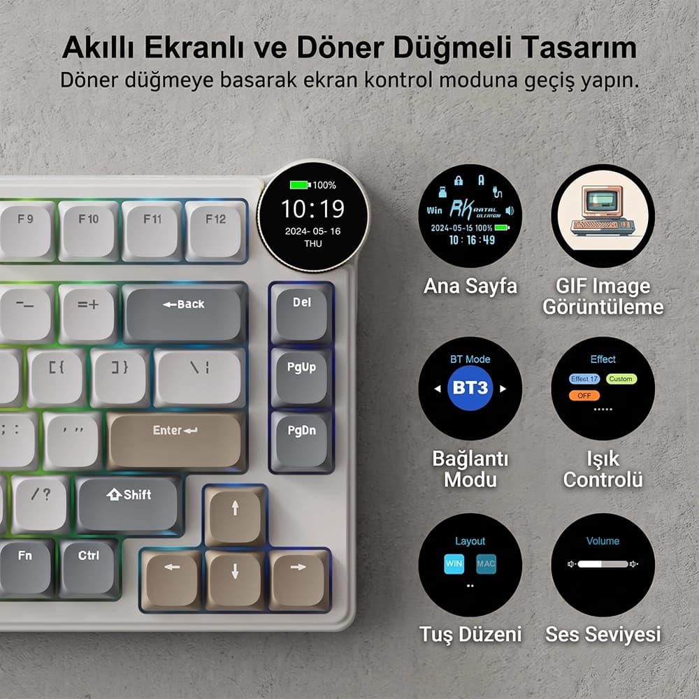 Royal Kludge RK N80 Pearly Dawn Low Profile Akıllı Ekran