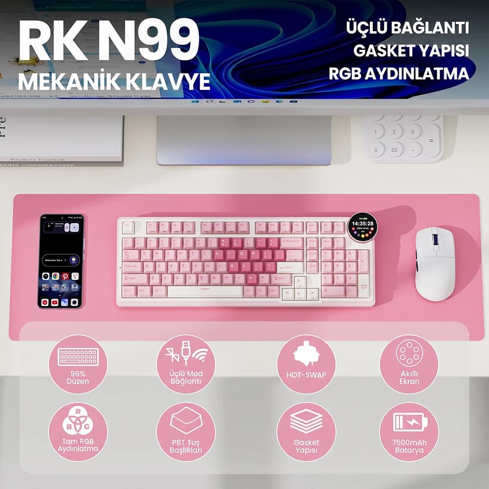 Royal Kludge RK N99 Pink Melody Cream Switch ve Akıllı Ekran