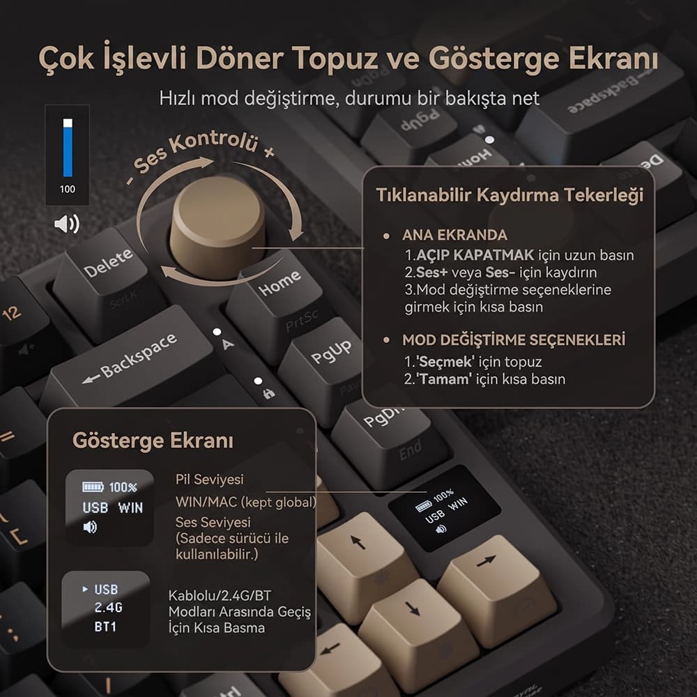 Royal Kludge RK M75 Akıllı OLED Ekran ve Döner Kontrol Düğmesi