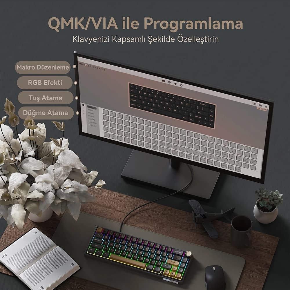 Royal Kludge R65 QMK VIA Programlama ve CNC Metal Knob