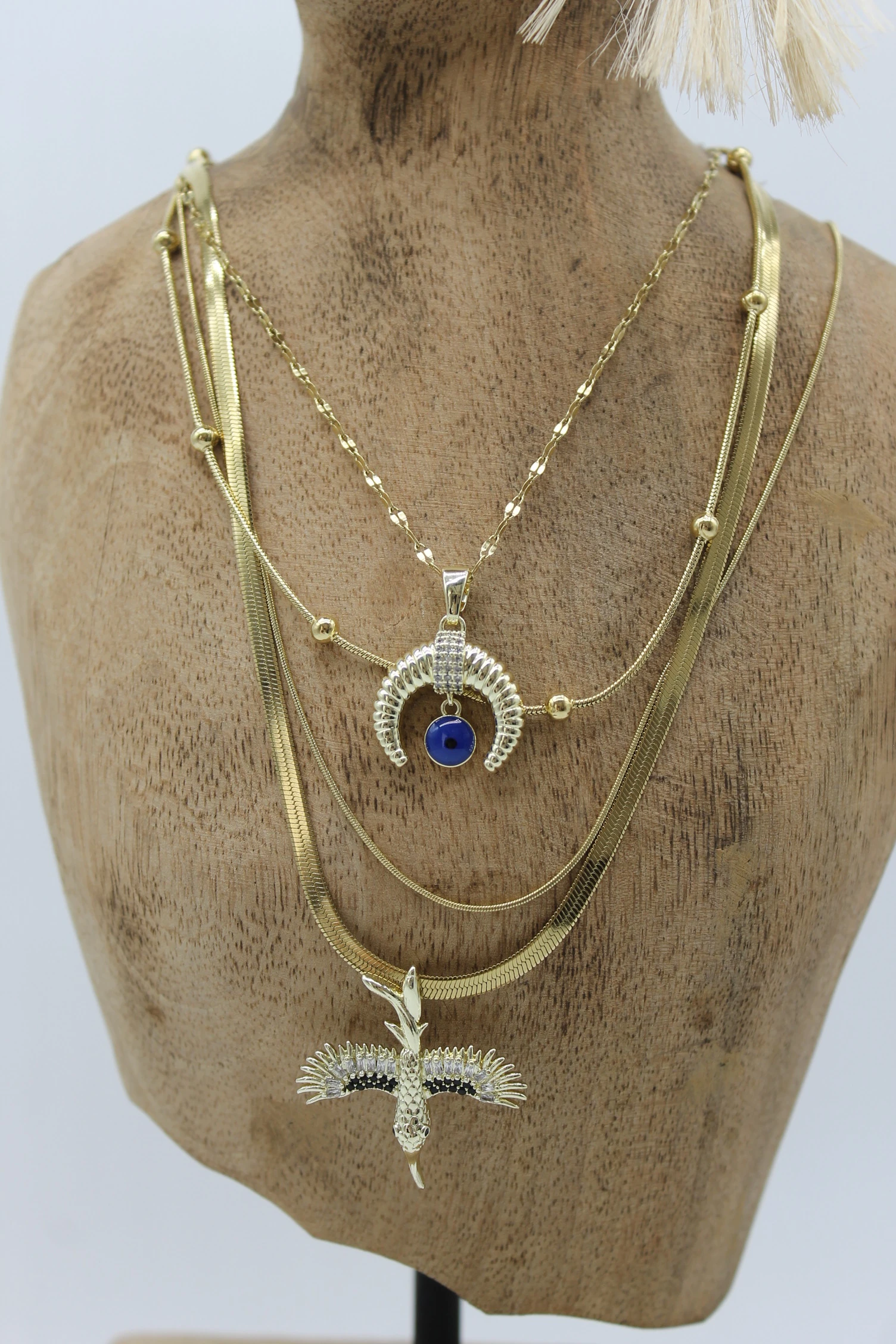 VIP Çelik İtalyan Ezme Zirkon Taşlı Anka ve Hilal Nazar Model 4’lü Kombin Kolye