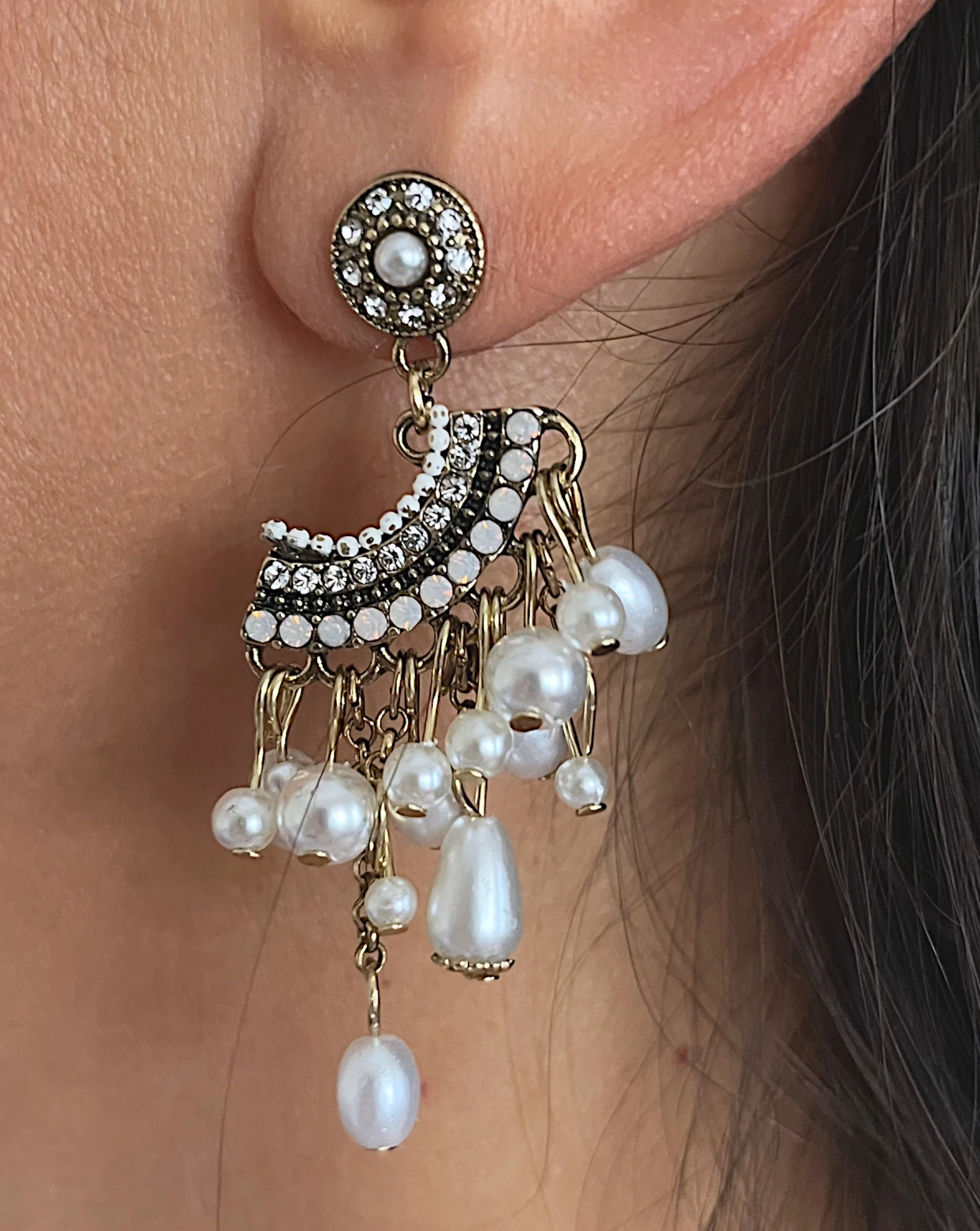 İncili ve Zirkon Taşlı Vintage Sallantılı Küpe