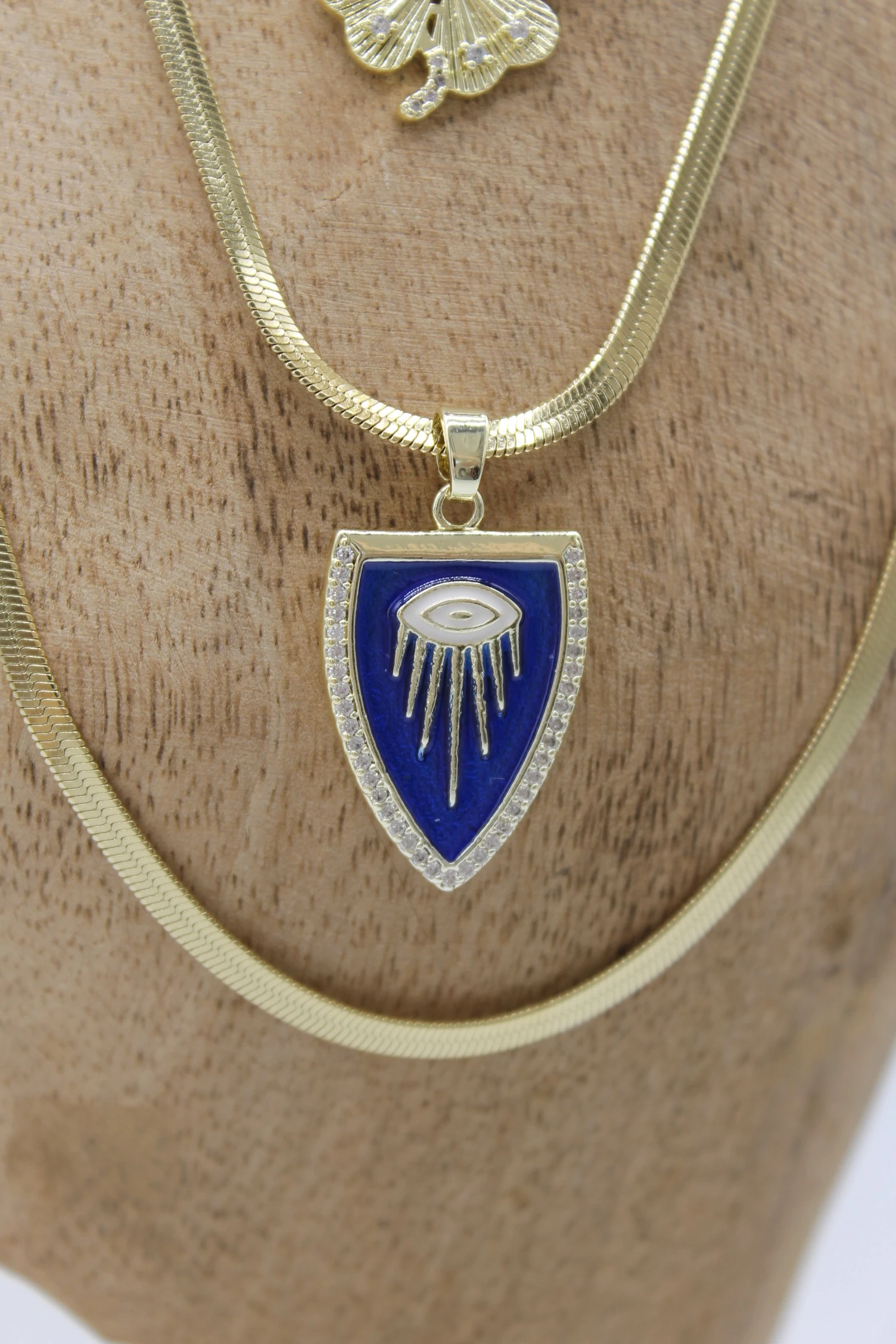 VIP Çelik Italyan Ezme Zincirli Zirkon Taşlı Mavi Mineli Göz ve Yonca Model 4’lü Kombin Kolye