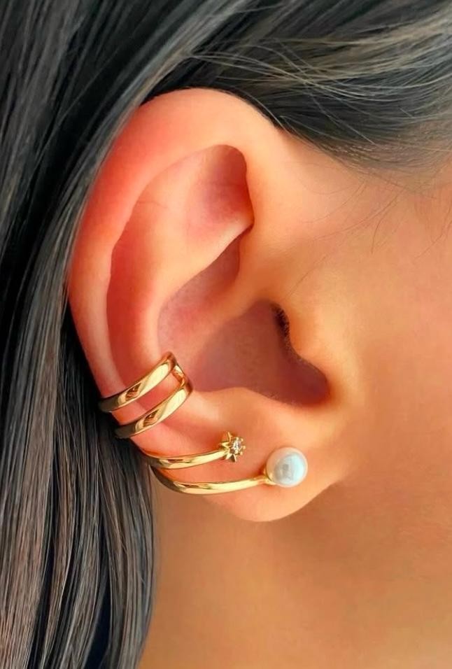 VIP Çelik İnci ve Zirkon Taşlı 4 Sıra Yıldız Detaylı Earcuff / Kıkırdak (sıkıştırılabilir) Küpe
