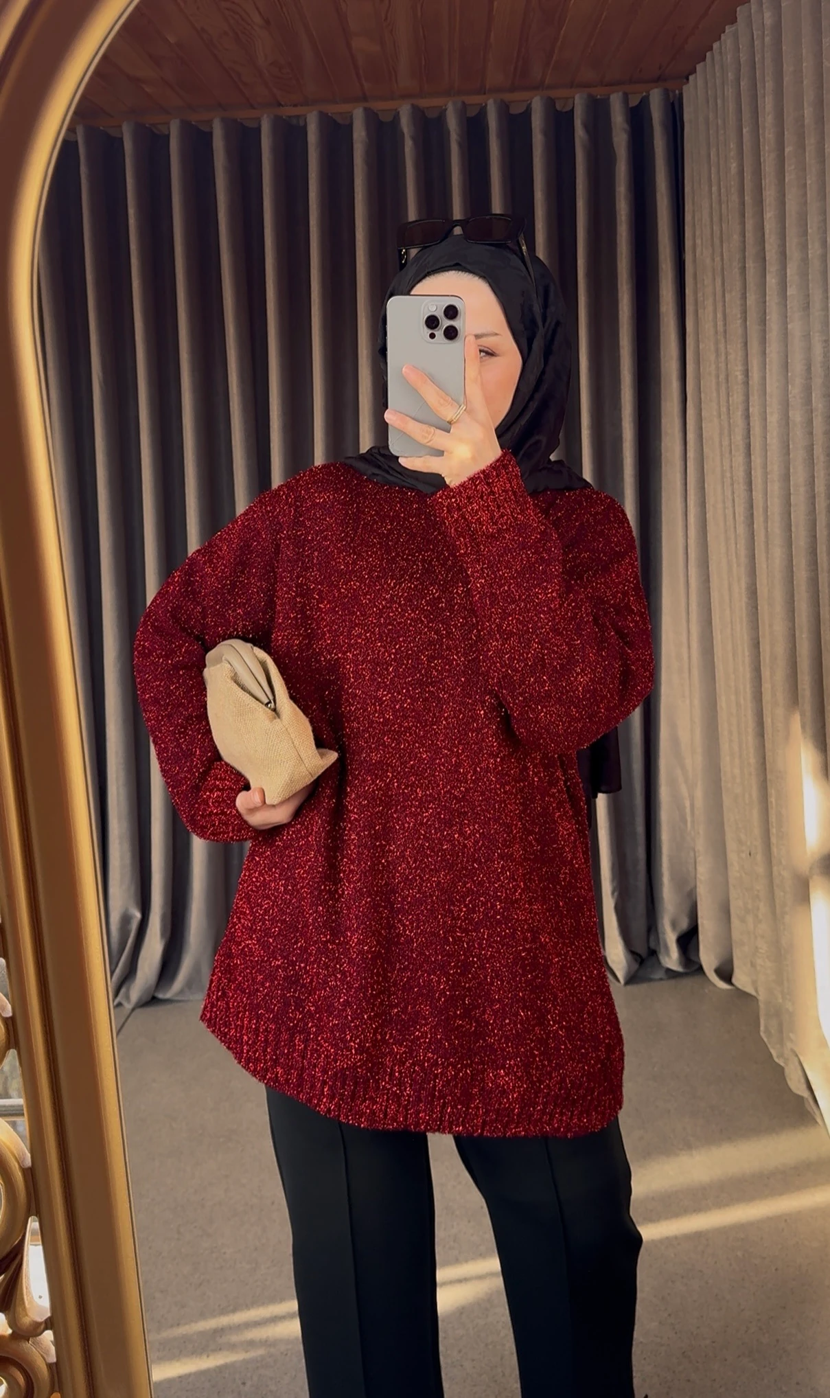 Simli Triko Kazak - Kırmızı 