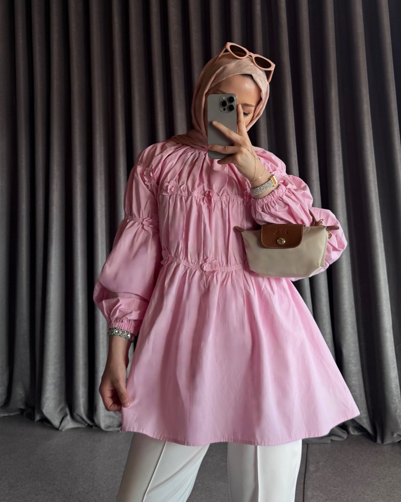 Çiçekli Poplin Gömlek - Pembe