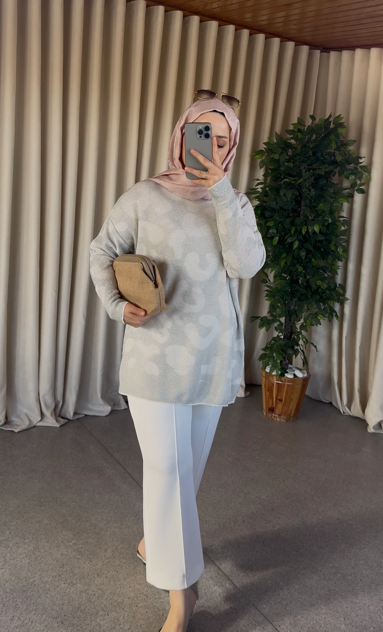 Leopar Desen Simli Kazak - Ekru