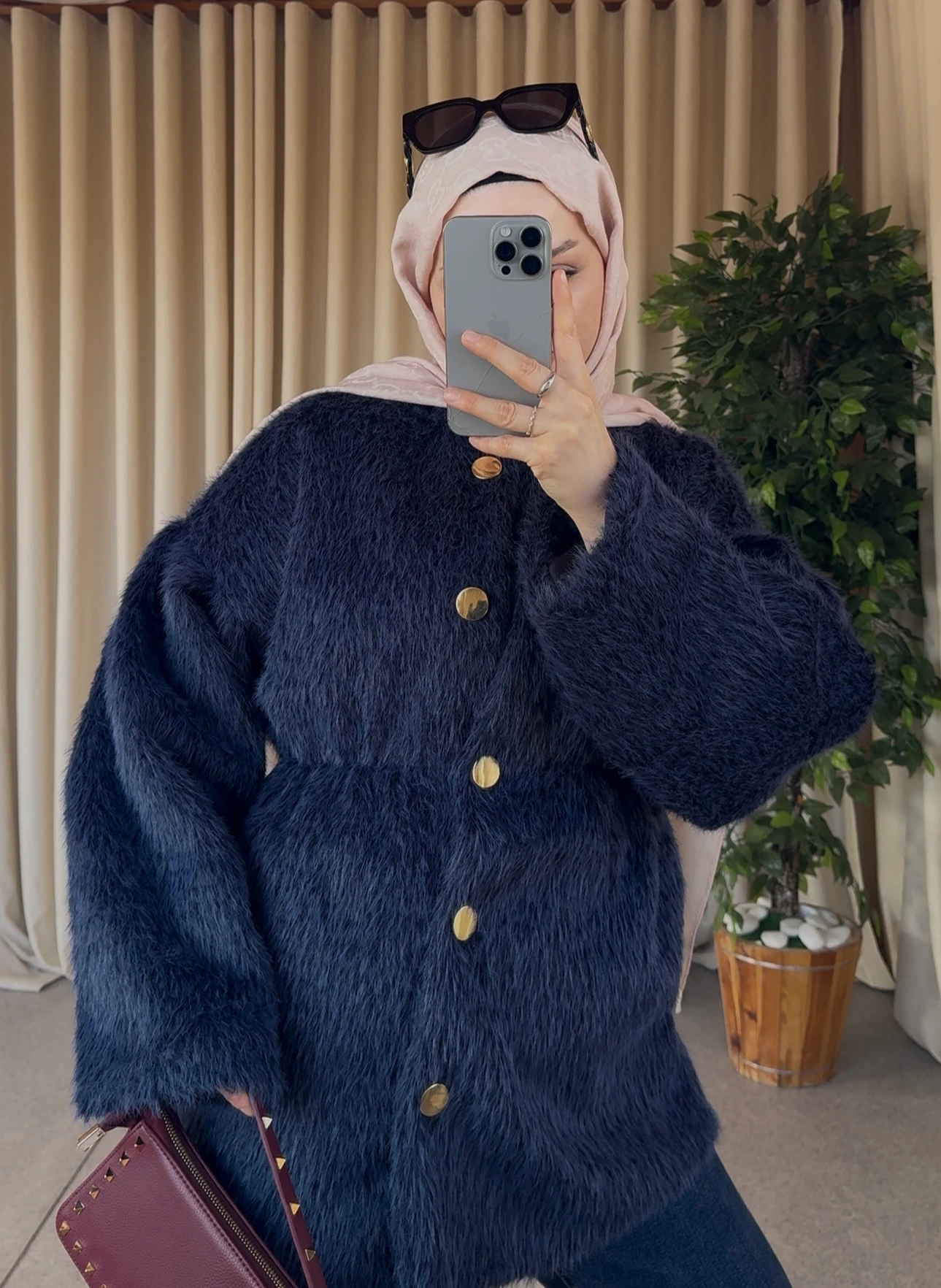 Peluş Gold Düğmeli Kaban - Lacivert 