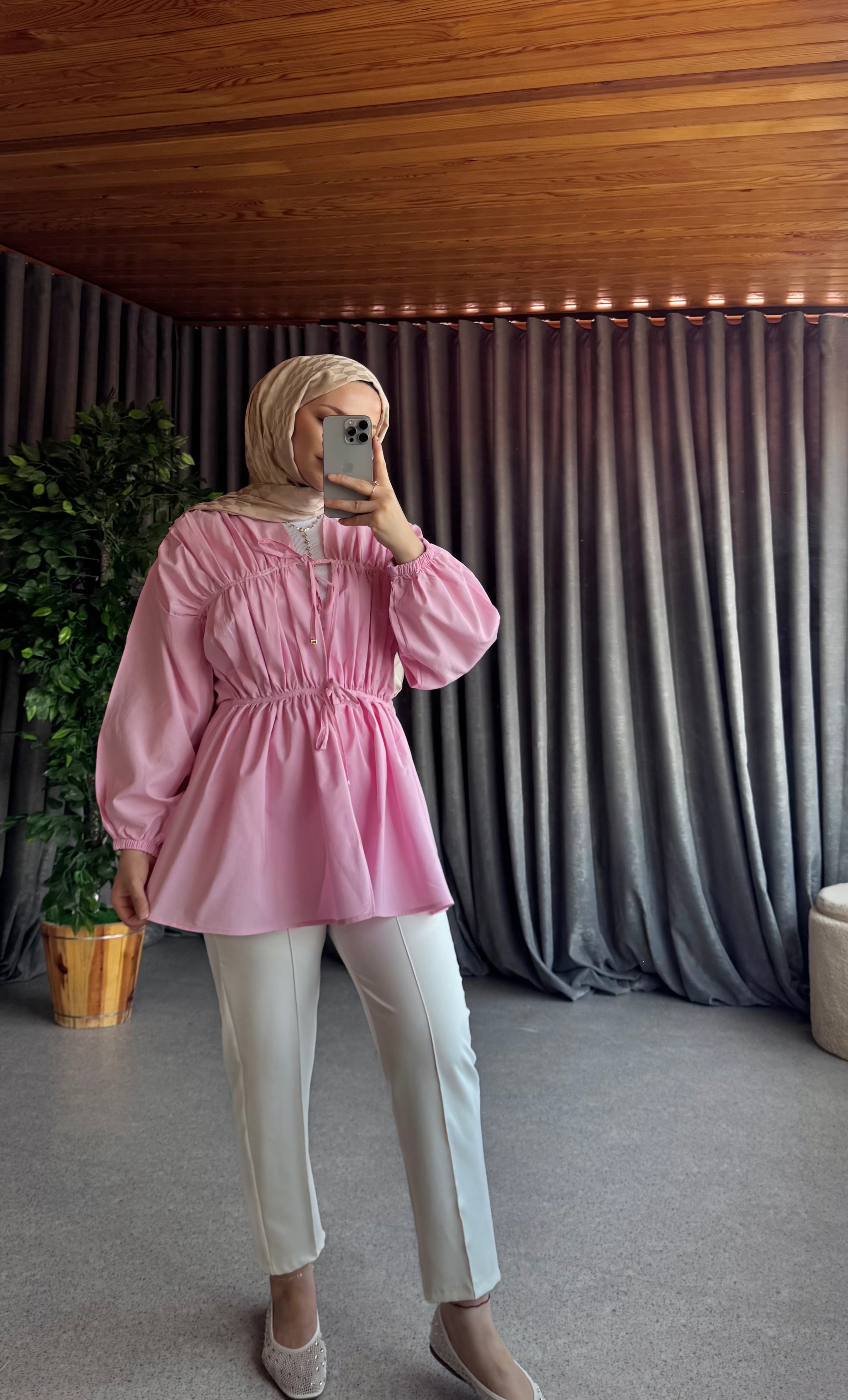 Önü Büzgülü Gömlek - Pembe