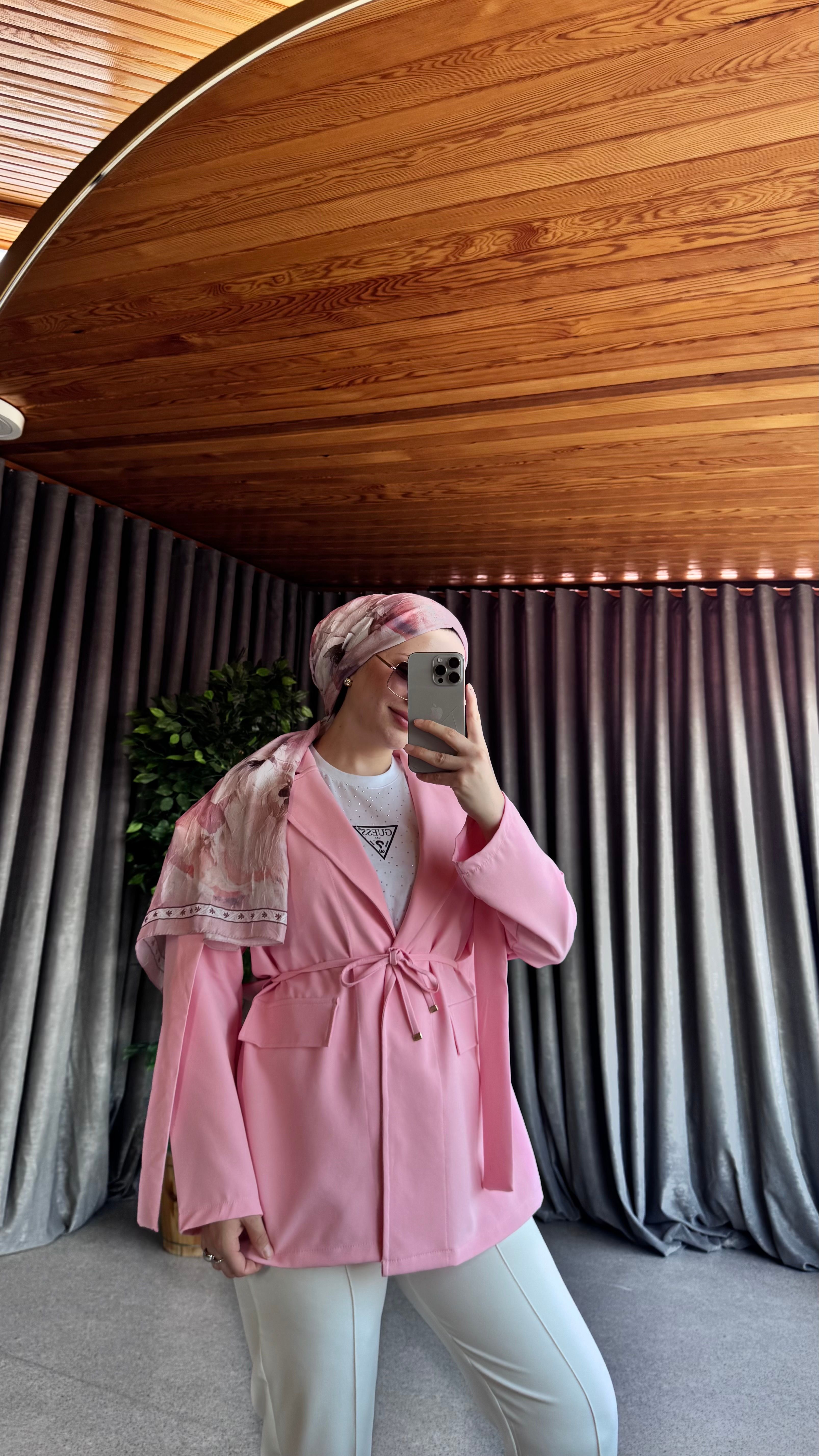 Belden Bağlamalı Blazer Ceket - Pudra
