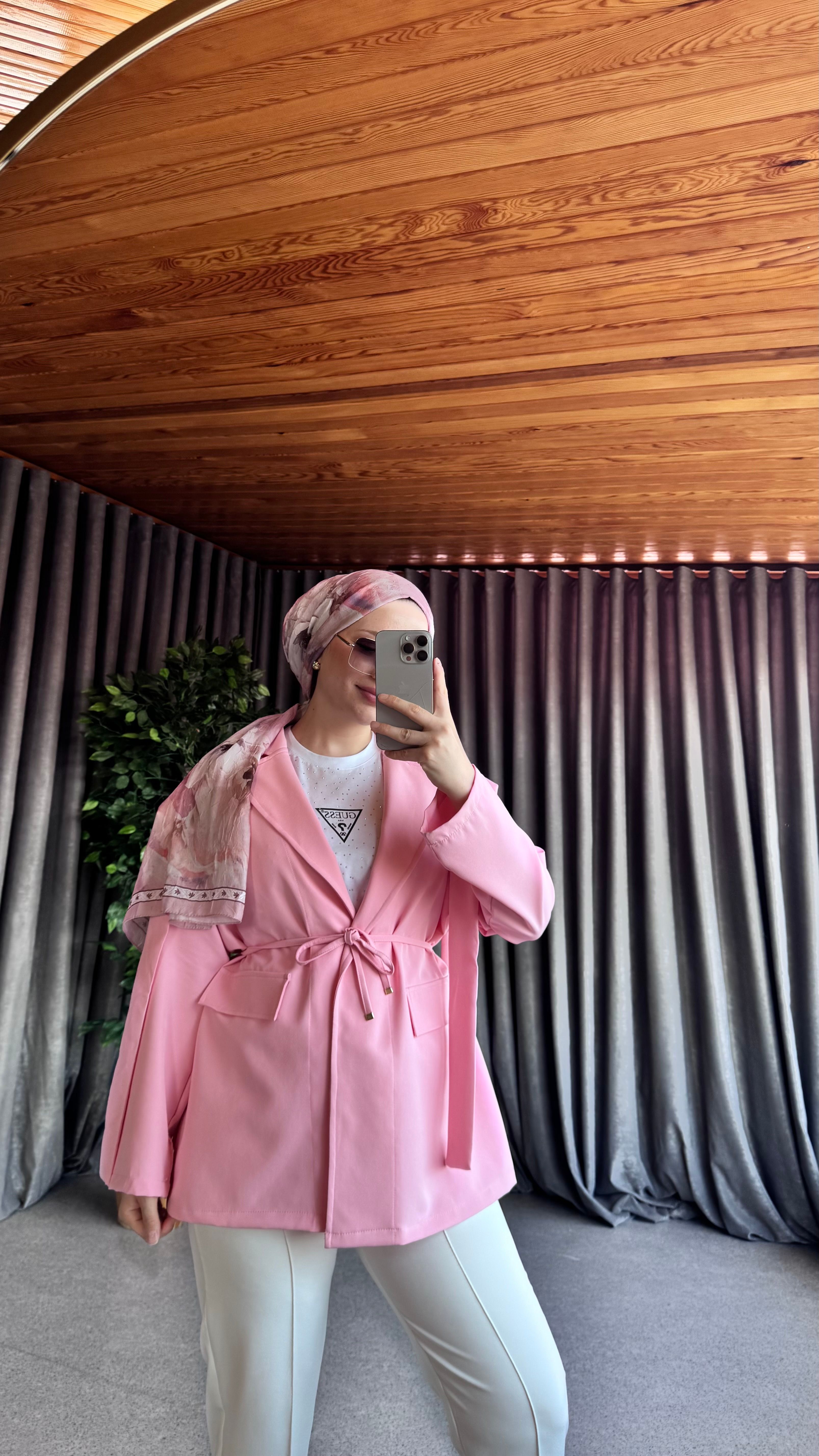 Belden Bağlamalı Blazer Ceket - Pudra