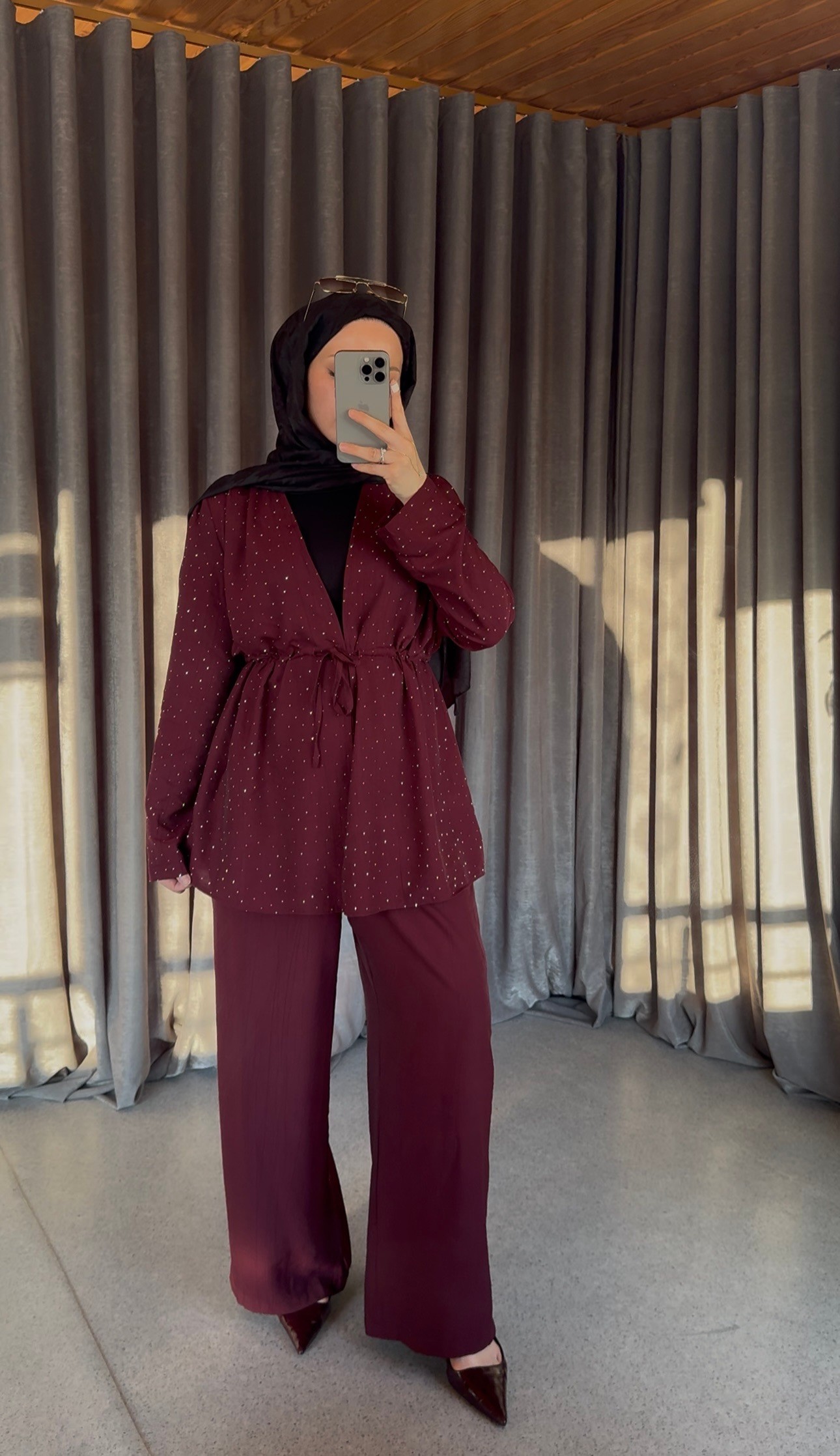 Taşlı Keten İkili Takım - Bordo