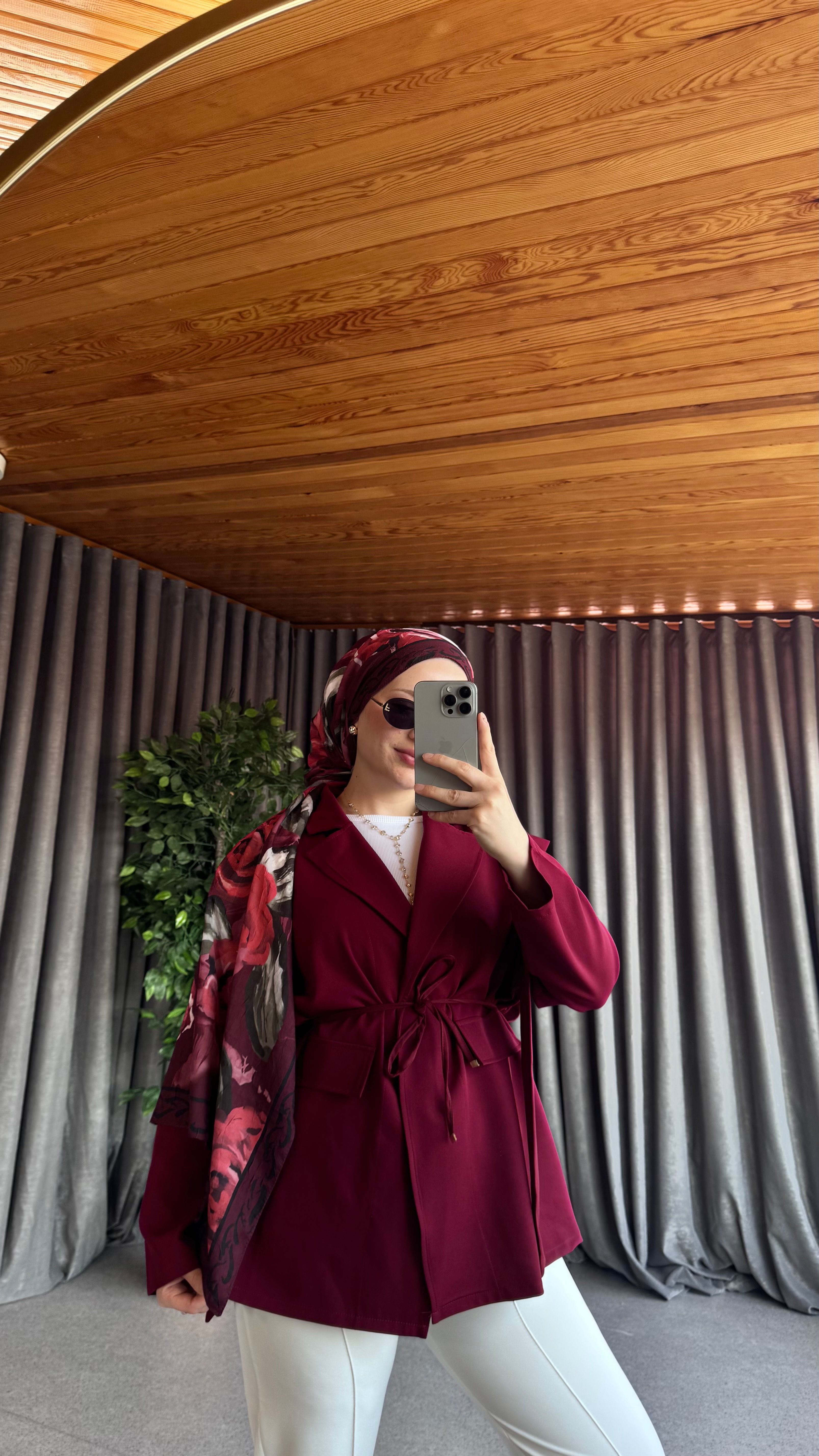 Belden Bağlamalı Blazer Ceket - Bordo
