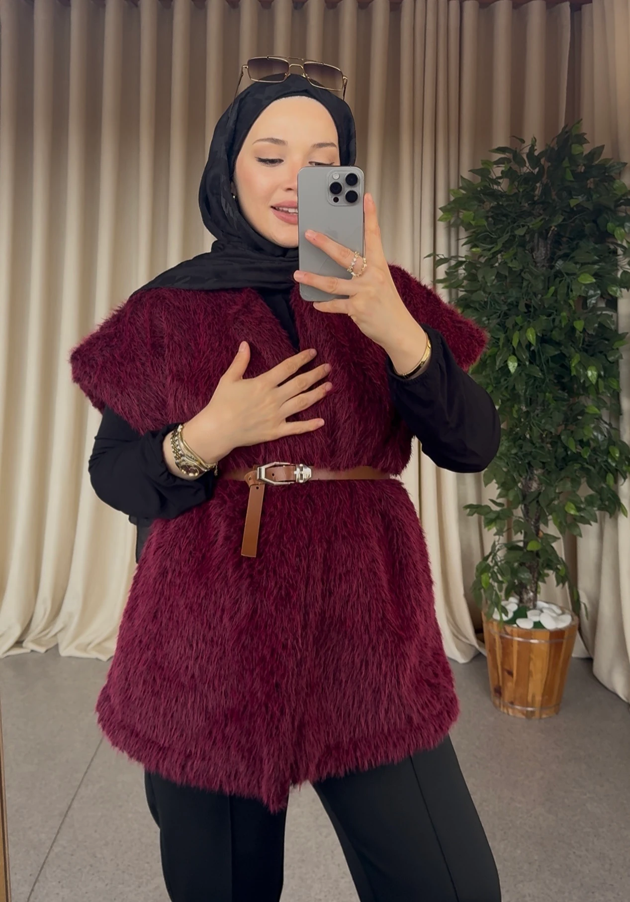 Peluş Kemerli Yelek - Bordo 