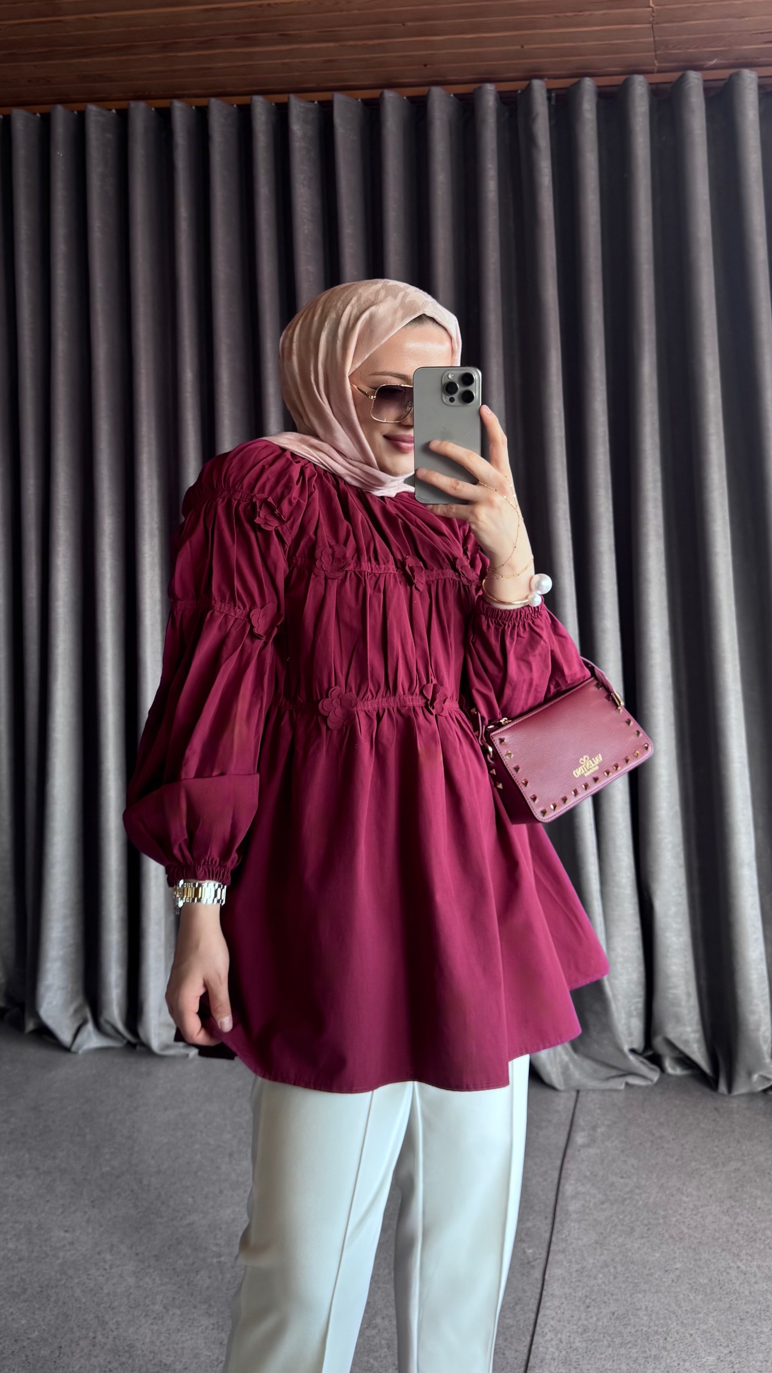Çiçekli Poplin Gömlek - Bordo
