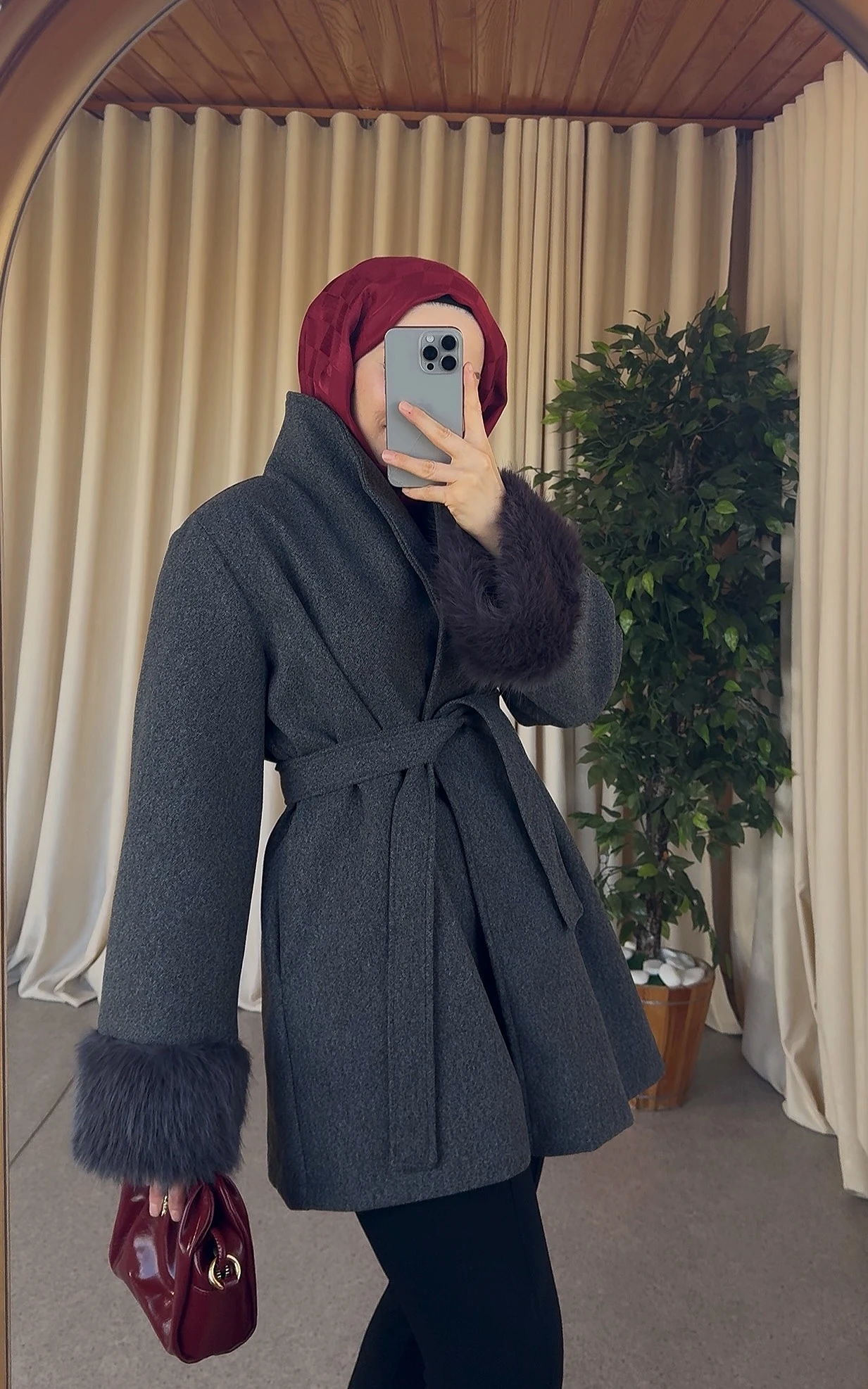 Kaşe Kürk Detaylı Kaban - Gri 