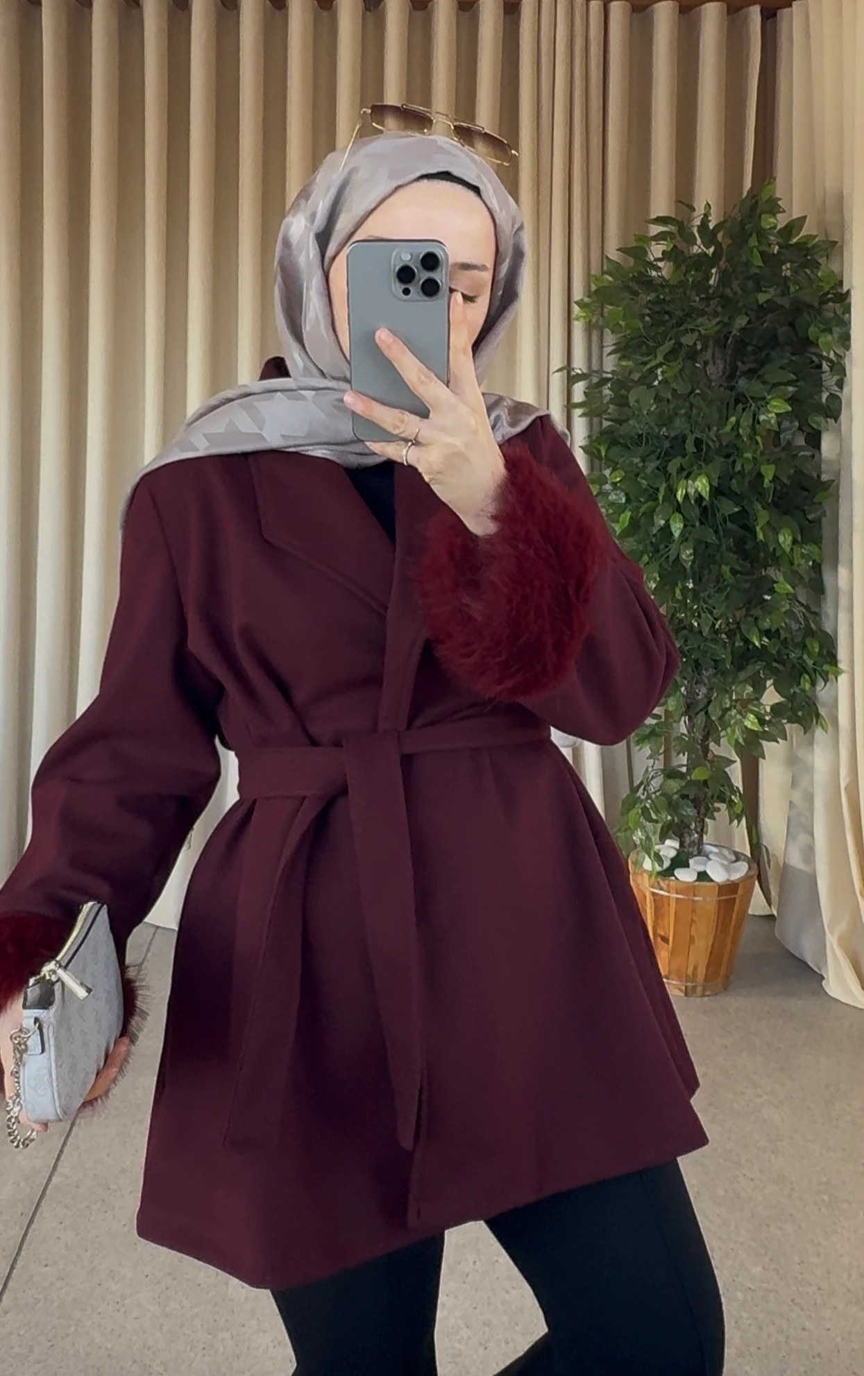 Kaşe Kürk Detaylı Kaban - Bordo