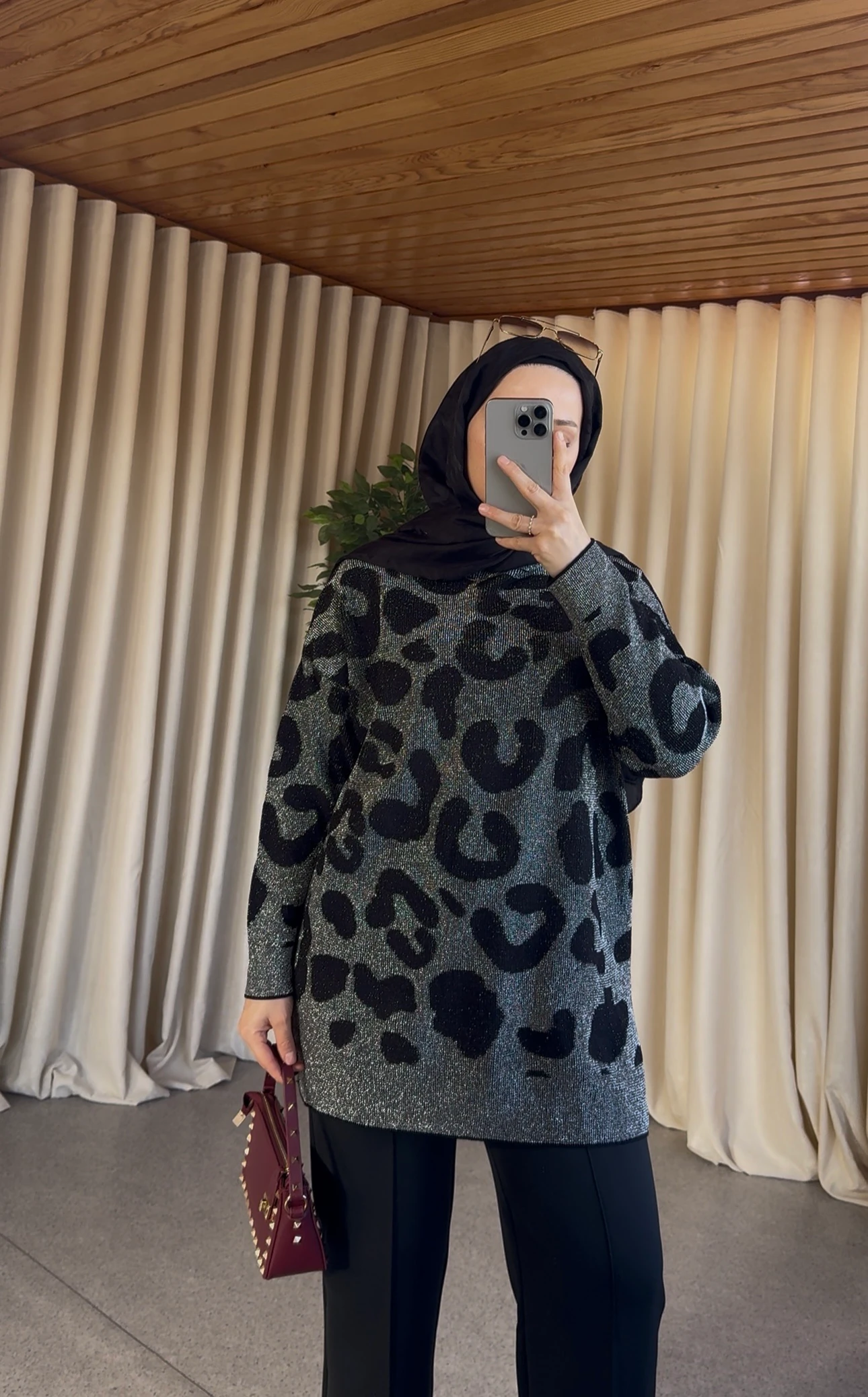 Leopar Desen Simli Kazak - Siyah