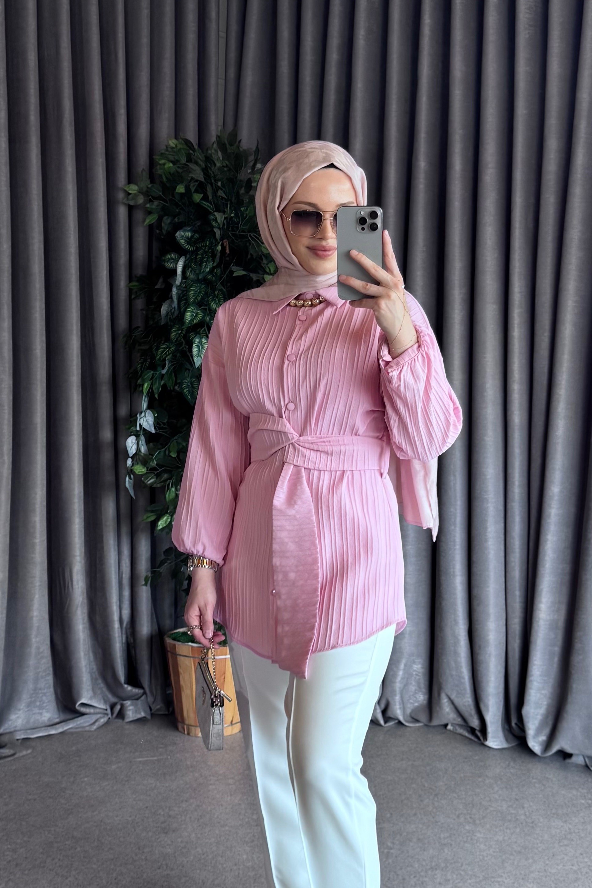Line Bağlamalı Gömlek - Pembe