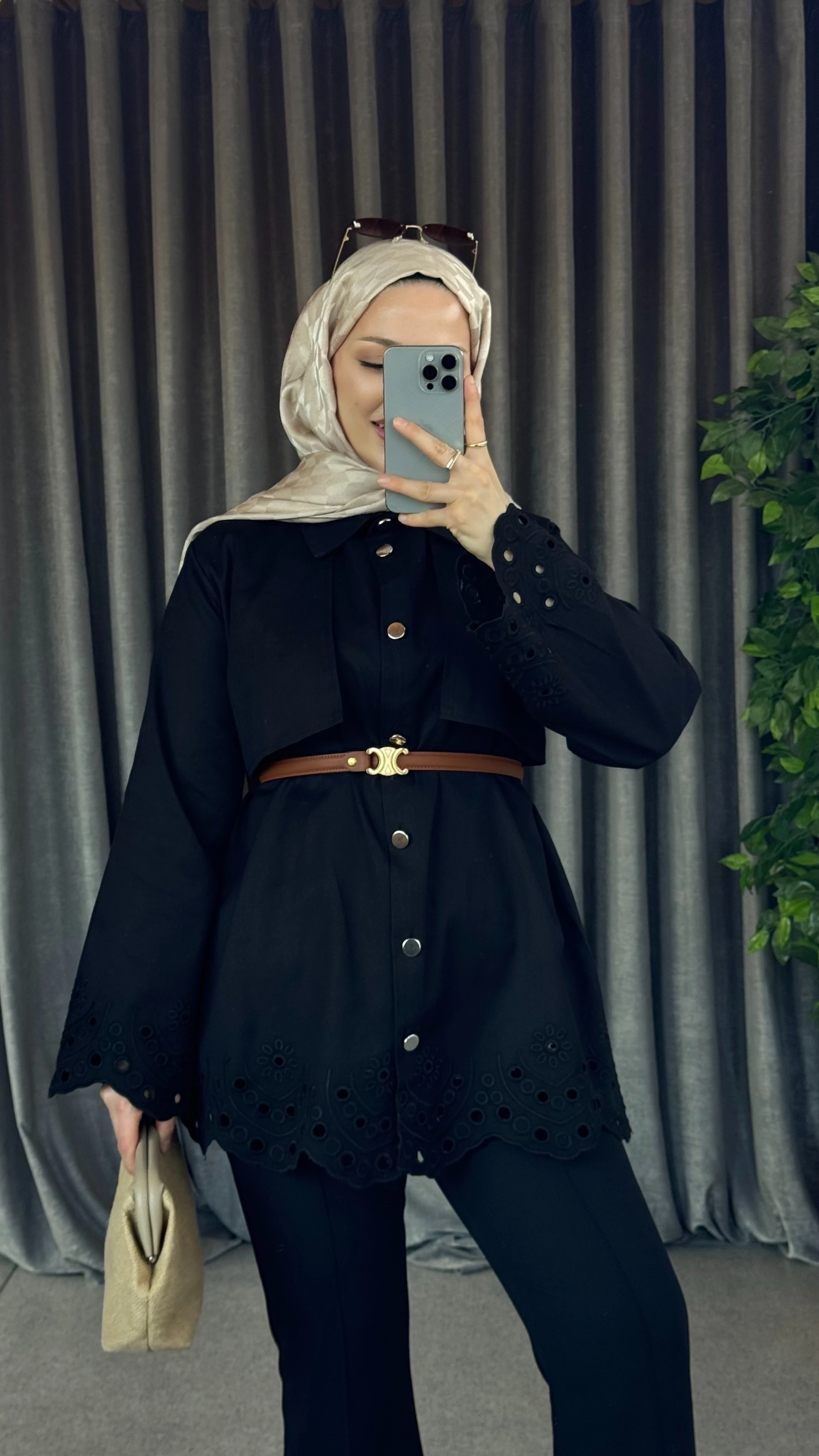 Fisto Detaylı Trenç Gömlek - Siyah 